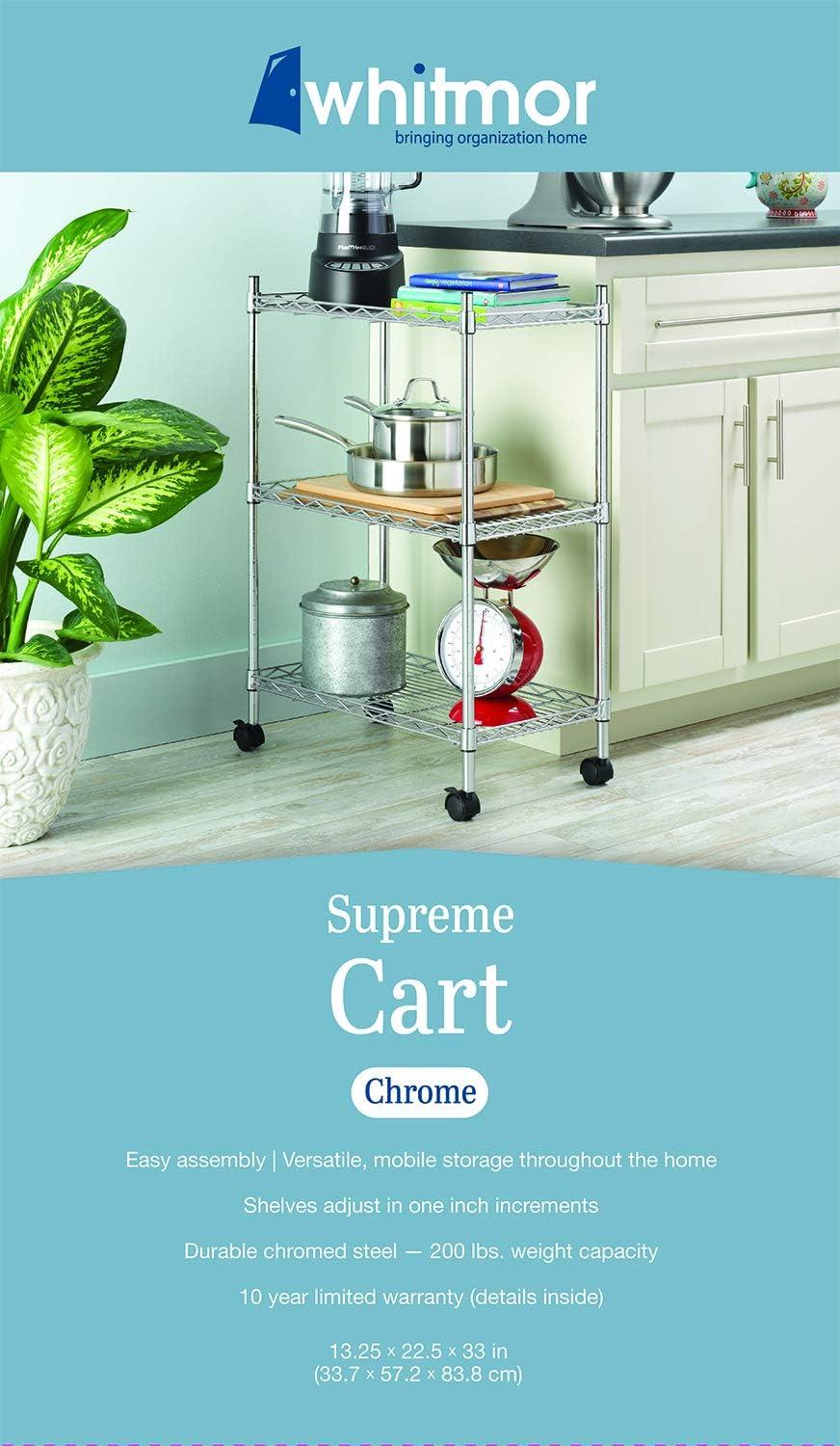 Whitmor Supreme 3-Tier Rolling Utility Organizer Cart - 250 lb. per Shelf Capacity - Chrome