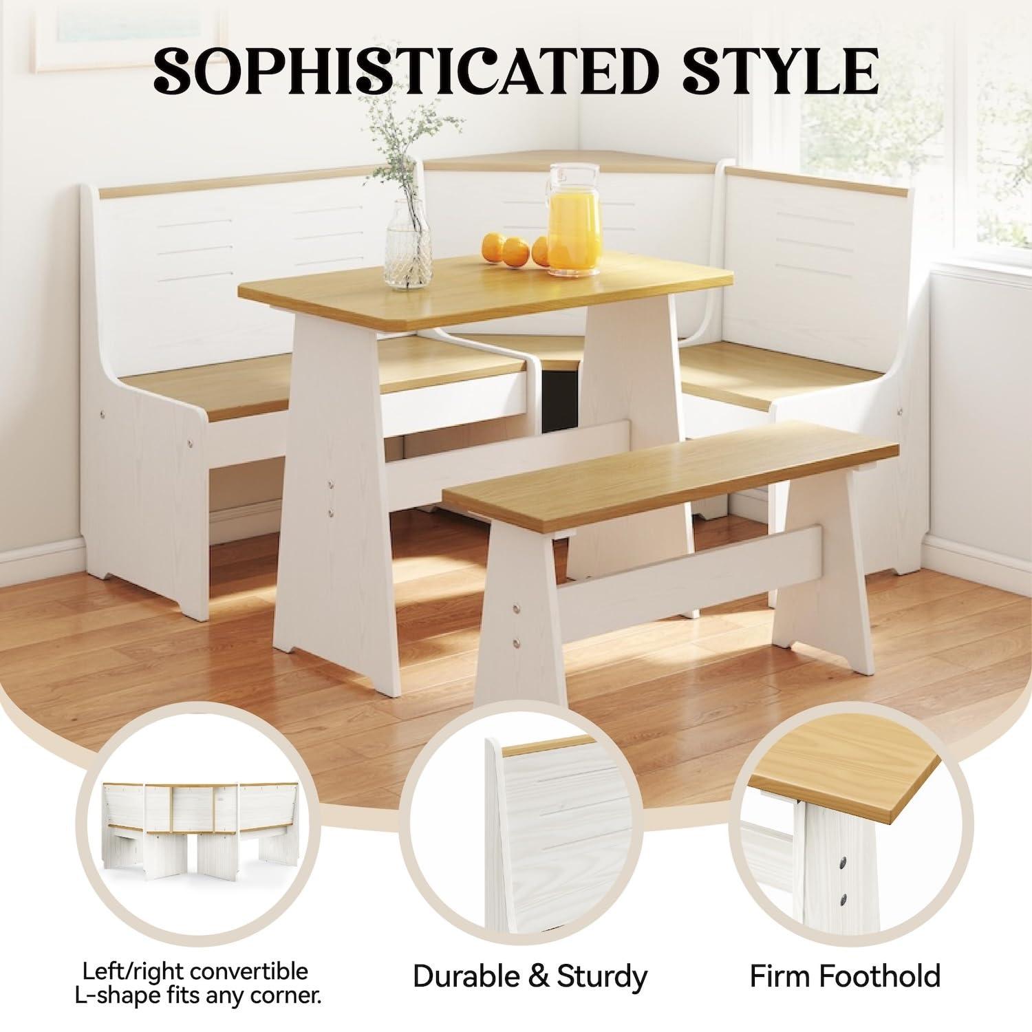 Breakfast Nook Corner Dining Table Kitchen Bench Chair Set, Space-Saving 3-5 People Seat Reversible L-Shape for Family Home White Wood