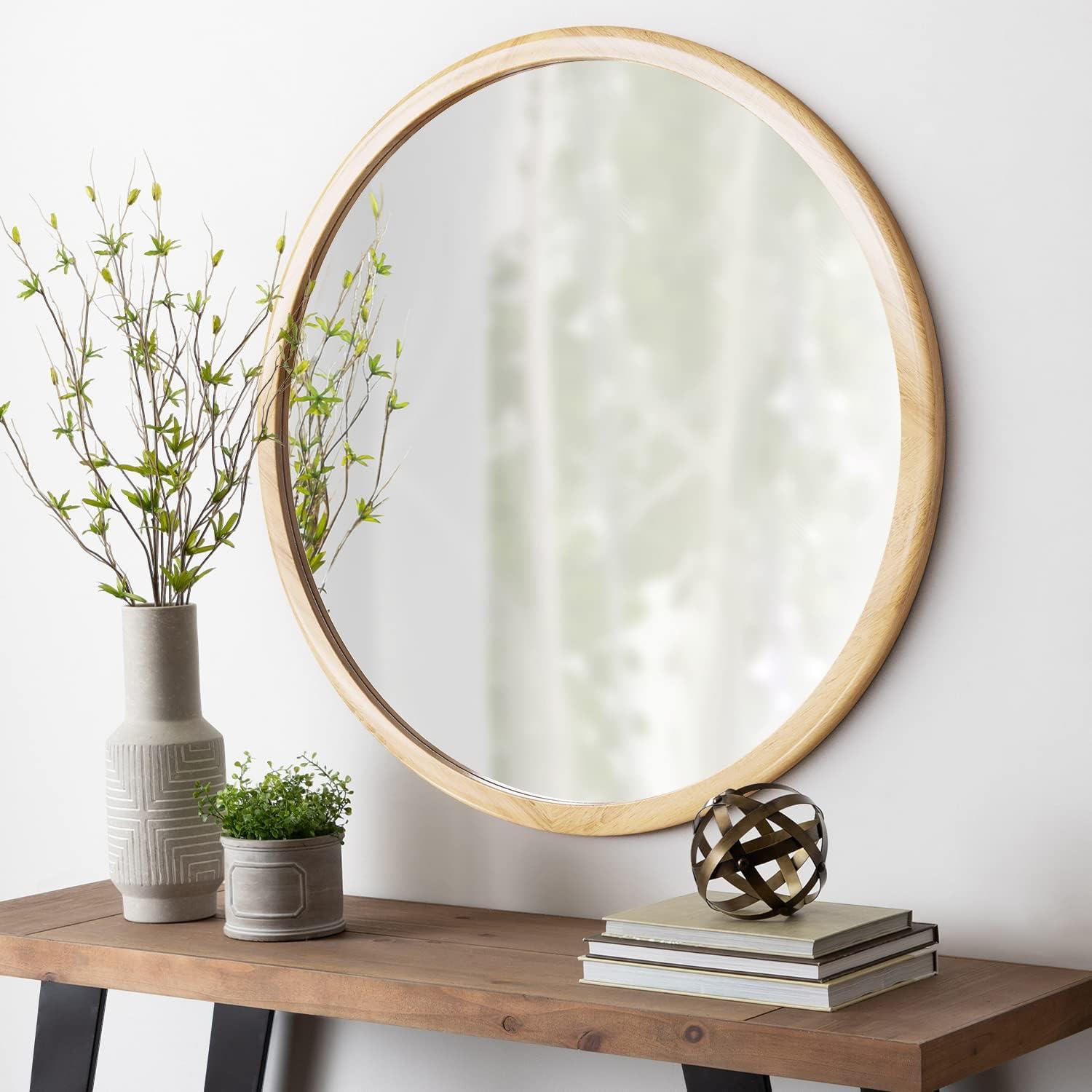 Circle Wooden Wall Mirror,18 inch Round Natural Wood Mirror Large Rustic Farmhouse Decor Mirror for The Living Room,Bathroom,Bedroom