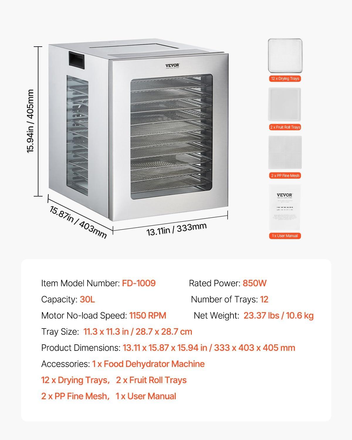 VEVOR Food Dehydrator, 12 Stainless Steel Trays Dehydrators Machine, 850W Food Dryer with Adjustable Temp & 24-Hour Timer, Dehydrator for Food and Jerky, Meat, Fruit, Vegetables, Herbs, Dog Treats