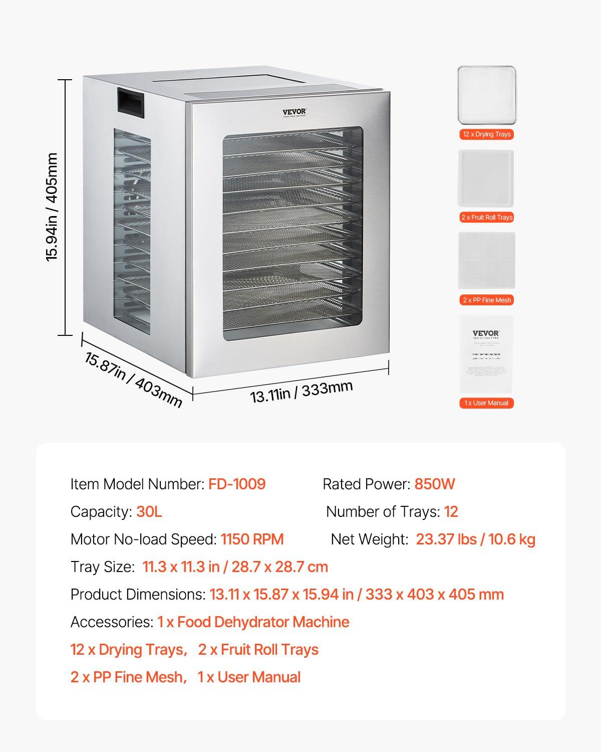 VEVOR Food Dehydrator, 12 Stainless Steel Trays Dehydrators Machine, 850W Food Dryer with Adjustable Temp & 24-Hour Timer, Dehydrator for Food and Jerky, Meat, Fruit, Vegetables, Herbs, Dog Treats