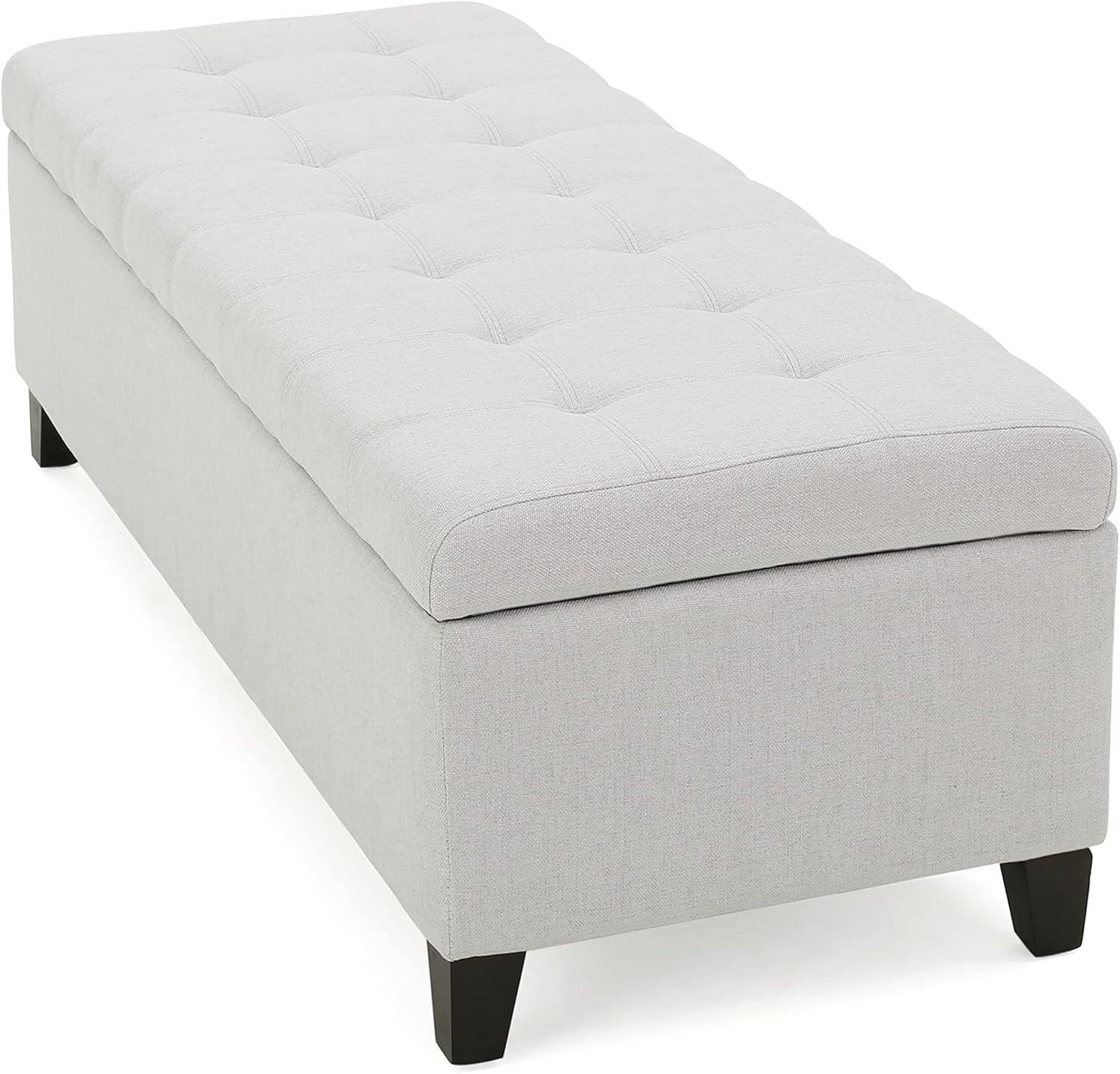 Light Grey Smooth Fabric Tufted Storage Ottoman Bench