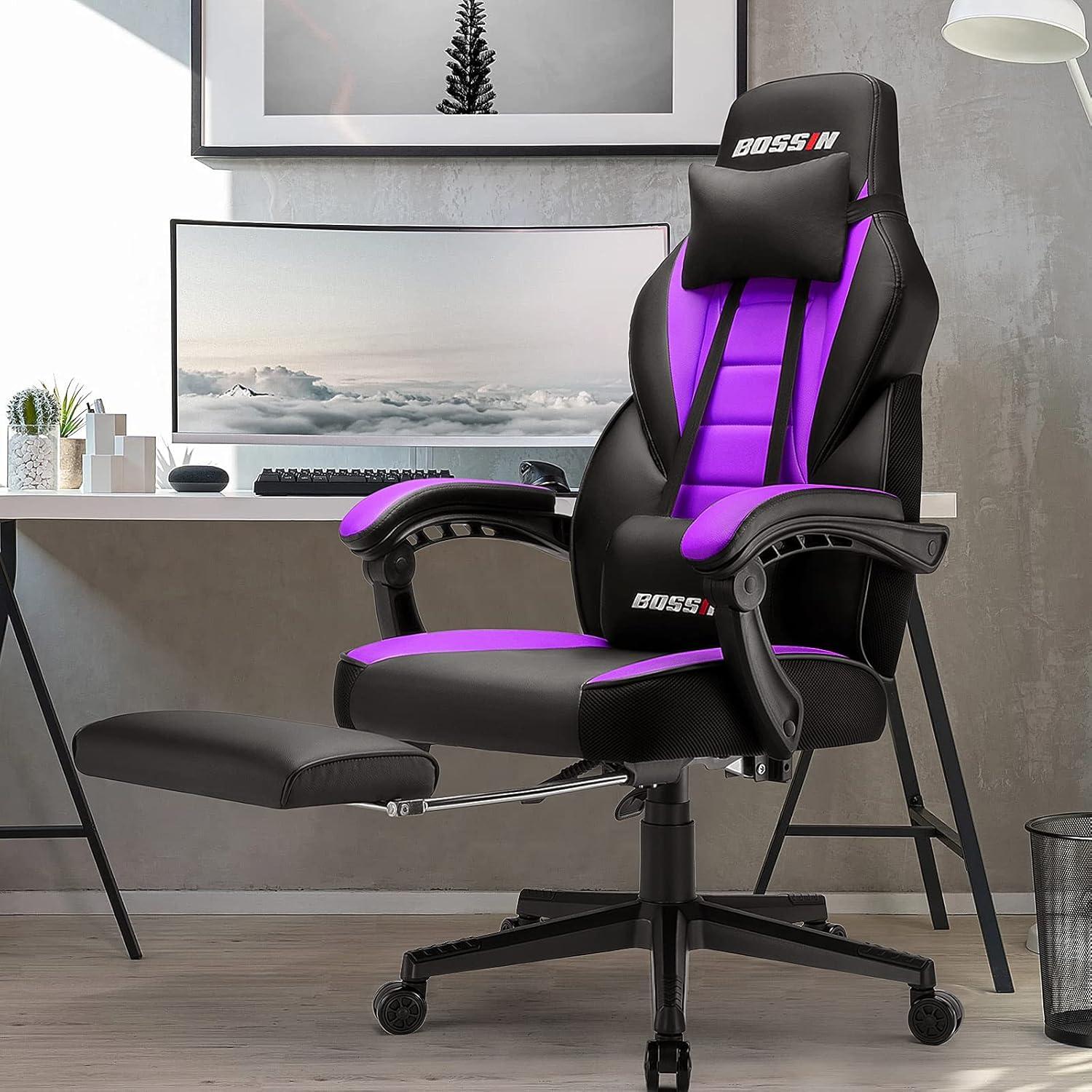 Bossin Purple and Black Ergonomic Gaming Chair with Footrest