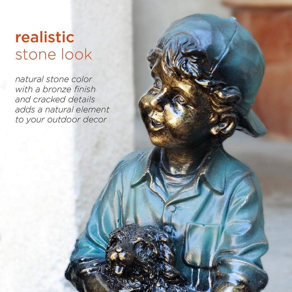 Alpine Corporation 16" Polyresin Girl and Boy with Dog Sitting on Bench Sculpture Bronze: Durable Outdoor Decor, Magnesium Oxide, Rust-Resistant