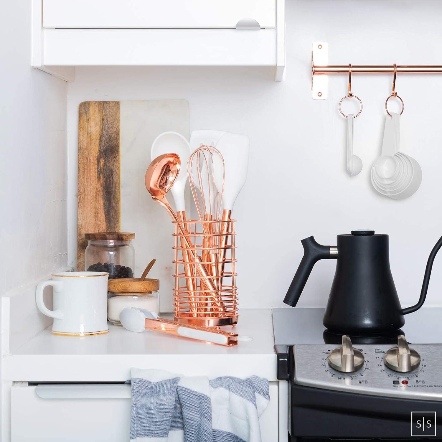 Styled Settings White Silicone & Copper Kitchen Utensils Set with Holder