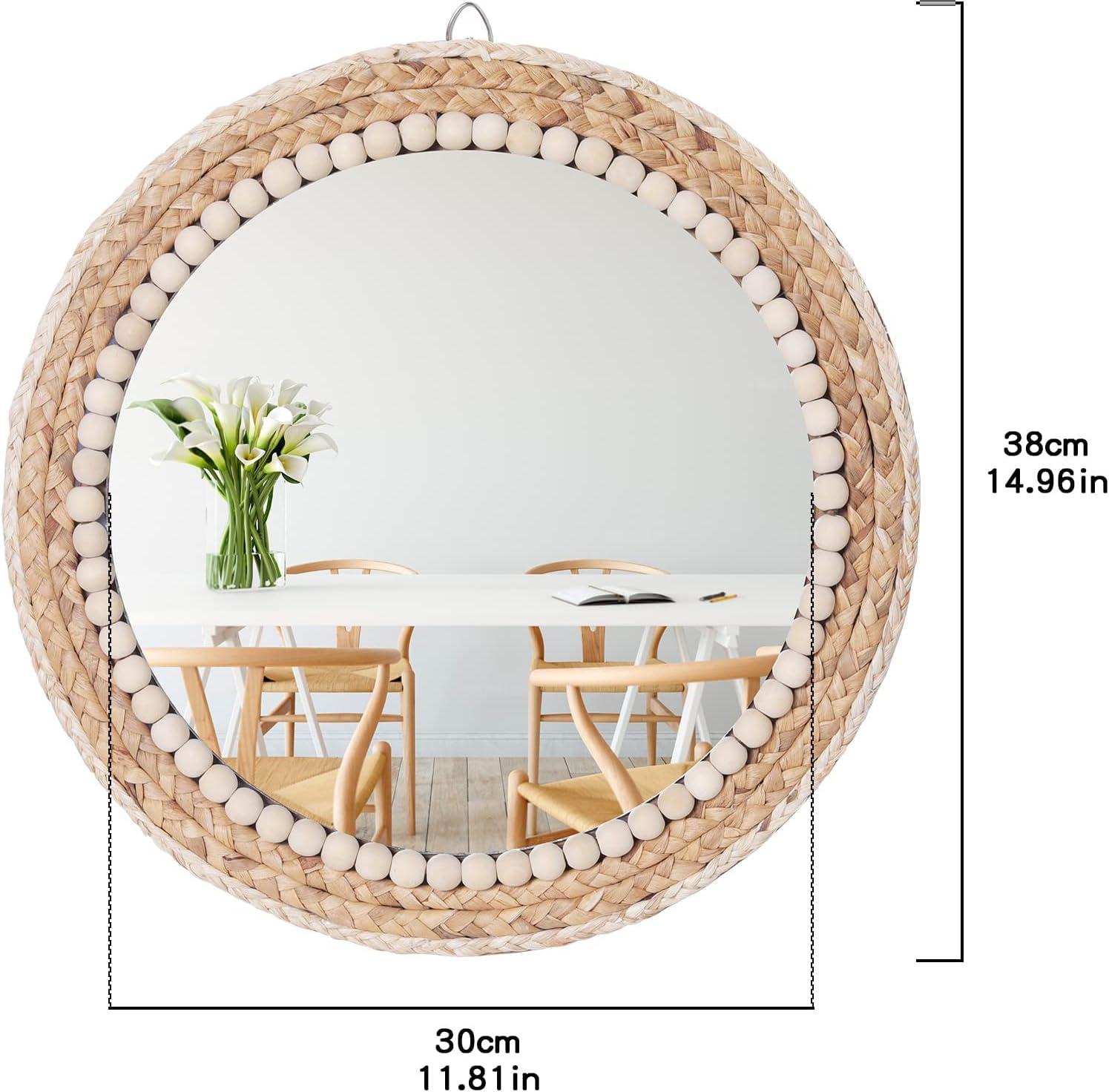 Boho Round Rattan and Wood Bead Wall Mirror, 15 Inch