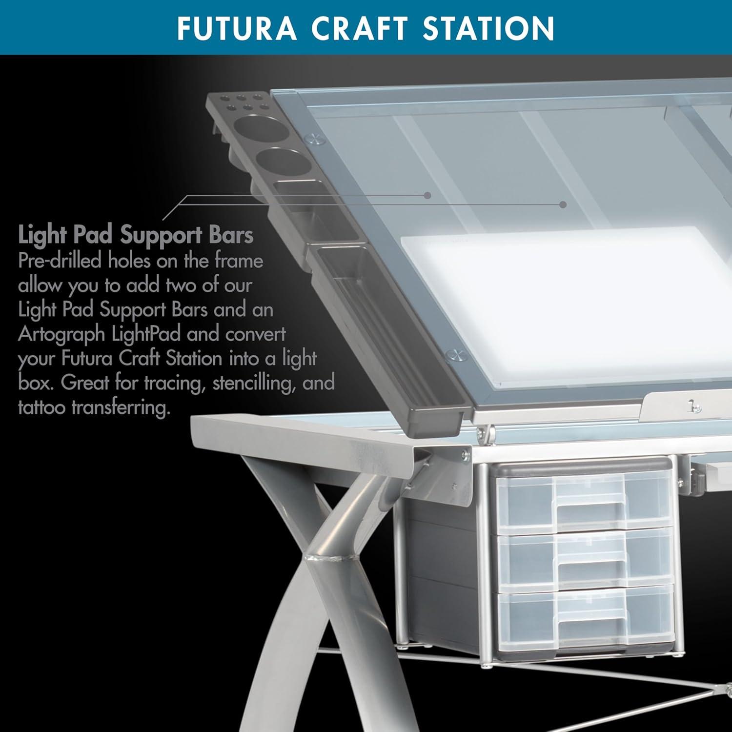 Studio Designs Futura Crafting, Drafting, Drawing Table with Adjustable Top, Silver/Blue Glass- Height 31.50 in.