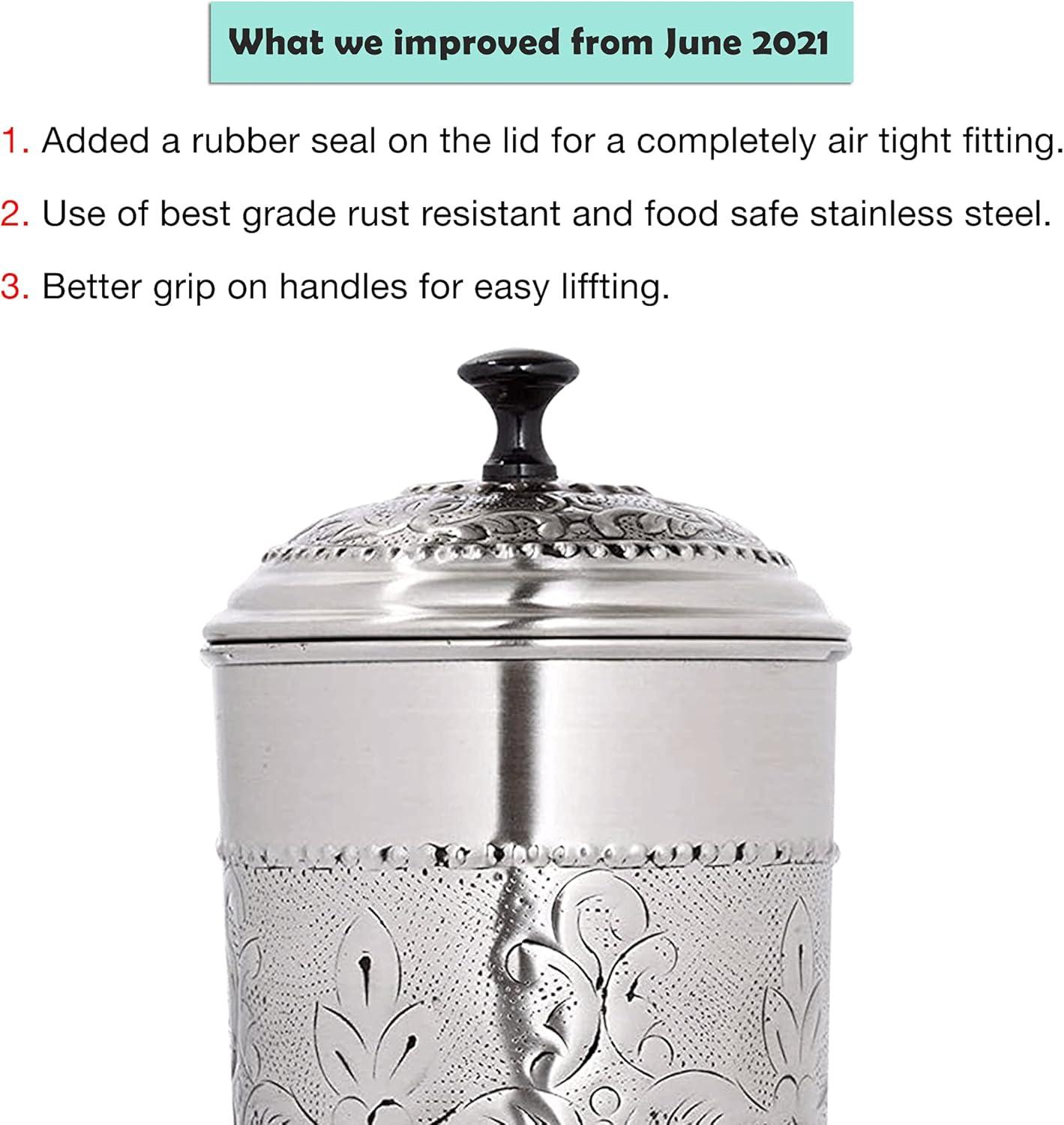 nu steel Antique Pewter Embossed Stainless Steel 3pc Canister Set, Beautiful Food Storage Container for Kitchen Counter, Tea, Sugar, Coffee, Caddy, Flour Canister with Rubber seal lid, TG-411-SET3