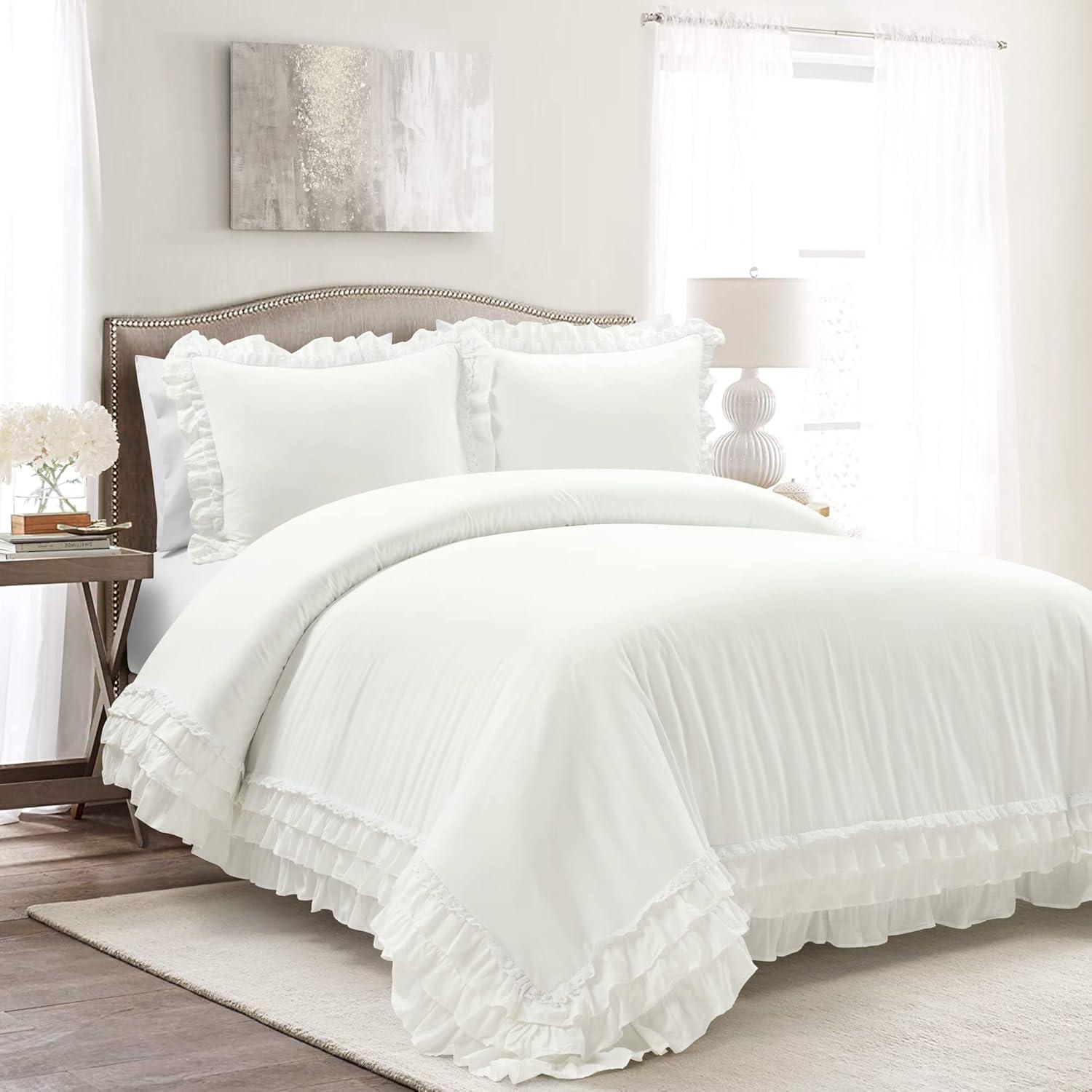 White Cotton Ruffled Lace Full/Queen Duvet Cover Set