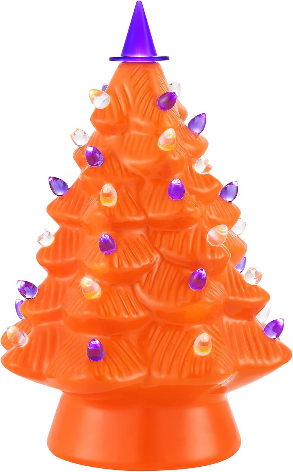 Orange Ceramic Halloween Tree with LED Lights and Witch Hat Topper