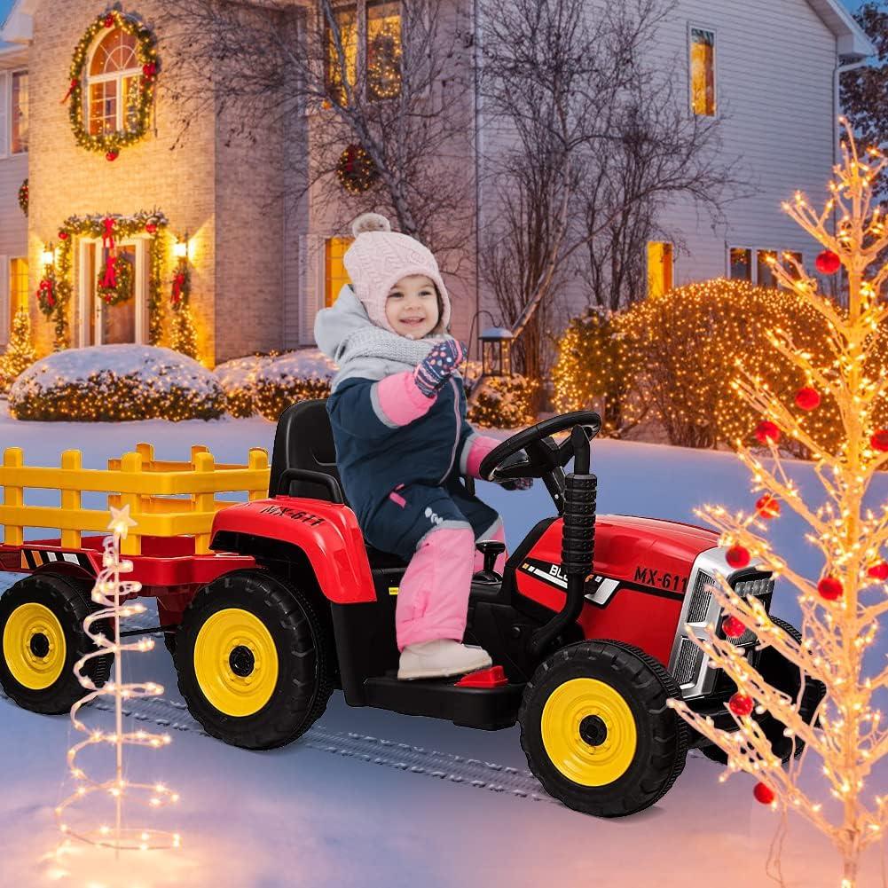 Red 12V Kids Electric Tractor with Remote Control and Trailer