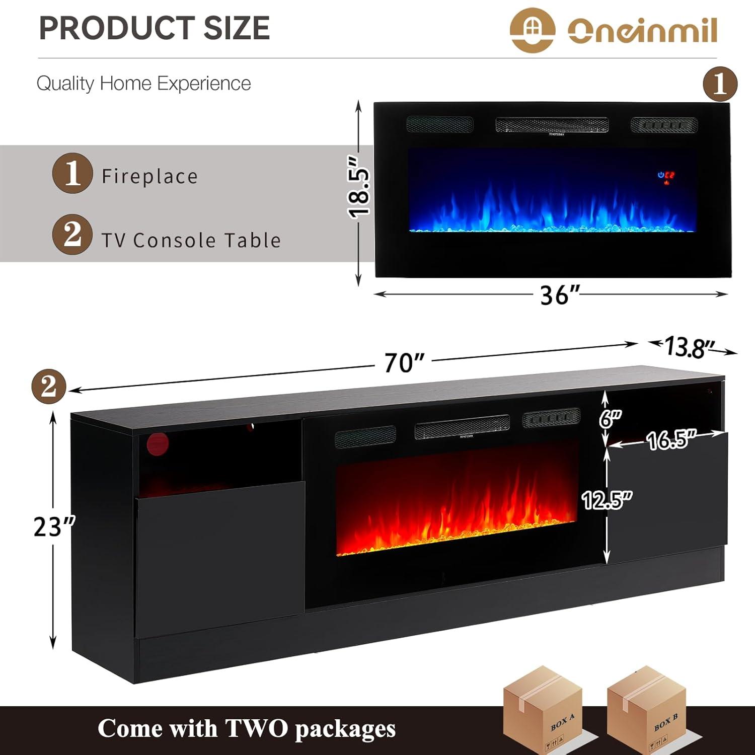 oneinmil Fireplace TV Stand with 36" Electric Fireplace, LED Light Entertainment Center, Modern Wood Texture Entertainment Stand with Highlight Storage Cabinet for TVs Up to 80", 70 inches, Black