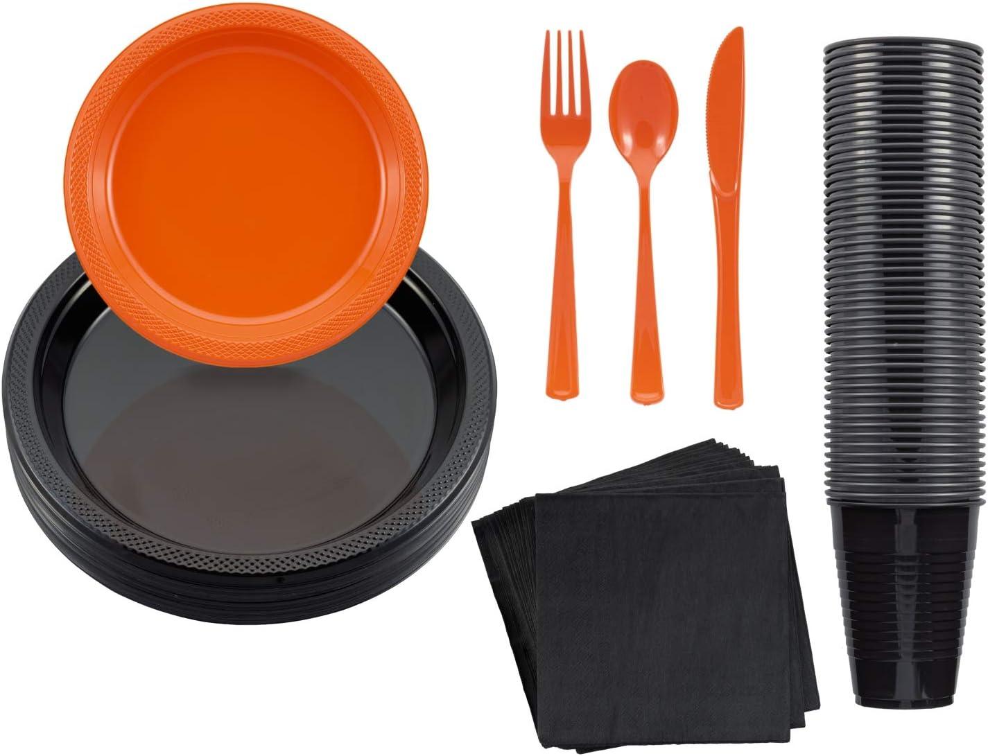 Crown Display 350 Piece Black and Orange Halloween Disposable Plastic Dinnerware party set- Serves 50