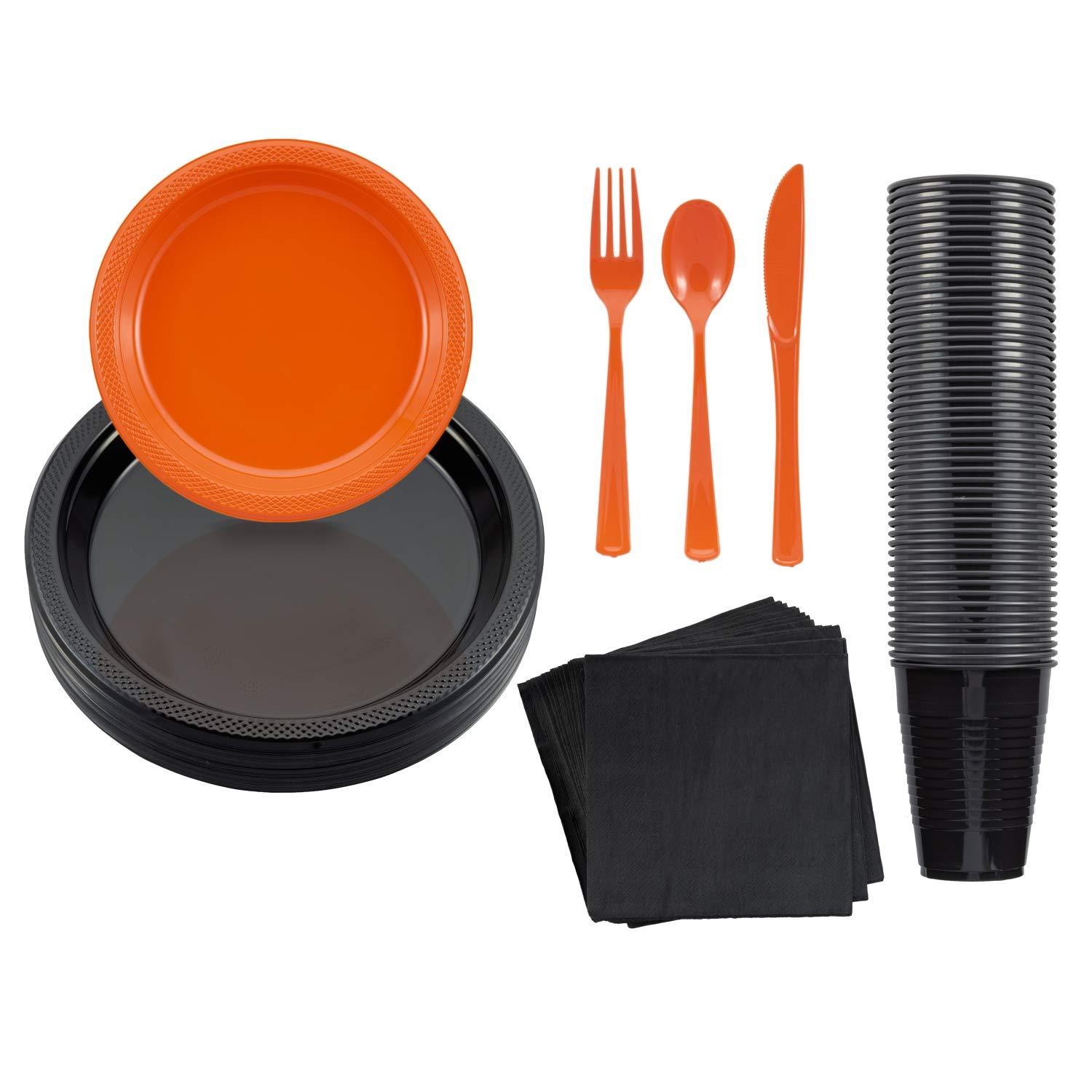 Crown Display 350 Piece Black and Orange Halloween Disposable Plastic Dinnerware party set- Serves 50
