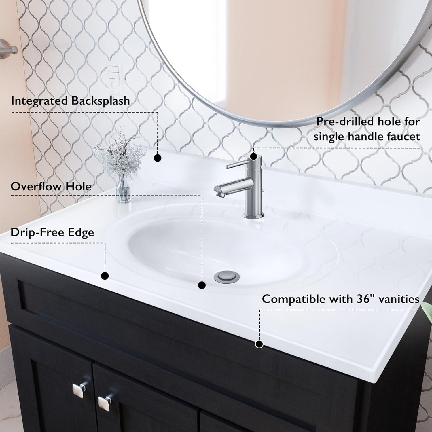 Cultured Marble Vanity Top – 37-Inch Single Bowl Sink Single Hole Mount with Integrated Backsplash – Reinforced Packaging – Solid White, Design House, 554618