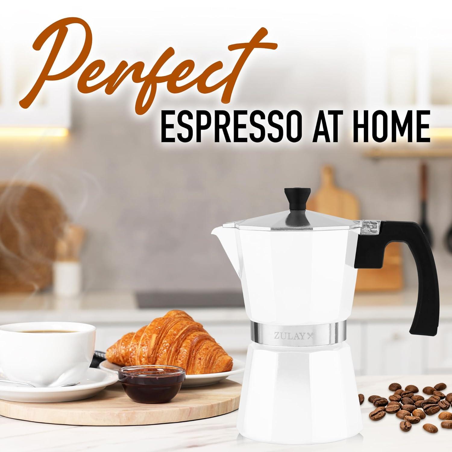 Zulay Moka Pot Espresso Stovetop Coffee Maker - Leak-Proof, Stainless Steel, Easy to Clean, Heat Resistant Handle & Knob - for Authentic Cuban & Italian Style Espresso - Makes 6 Espresso Cups - White