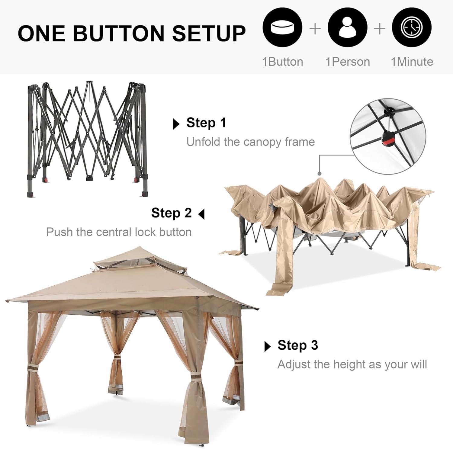 Khaki 13x13 Pop-Up Gazebo with Mosquito Netting
