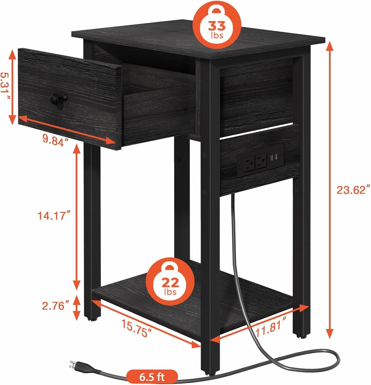 Nightstand End Table with Charging Station, USB Ports, Drawer and Storage Shelf, Black