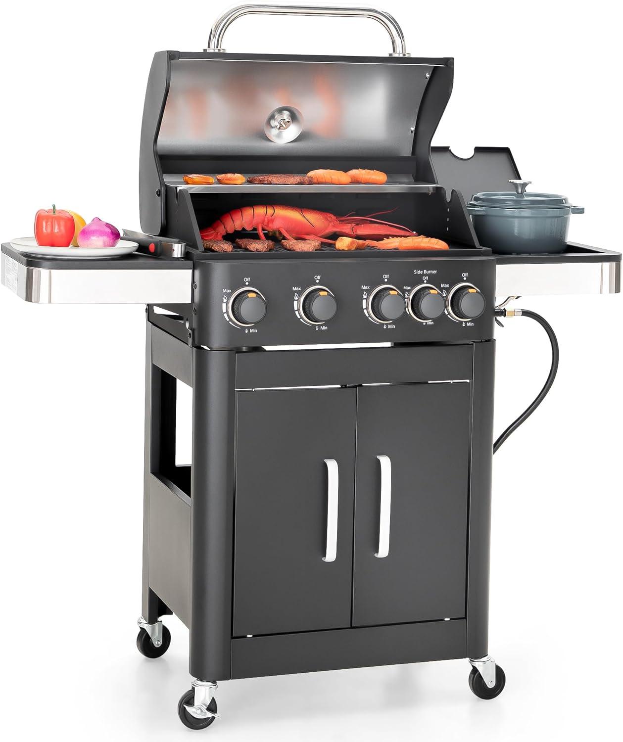 Black Stainless Steel 4-Burner Propane Gas Grill with Side Burner