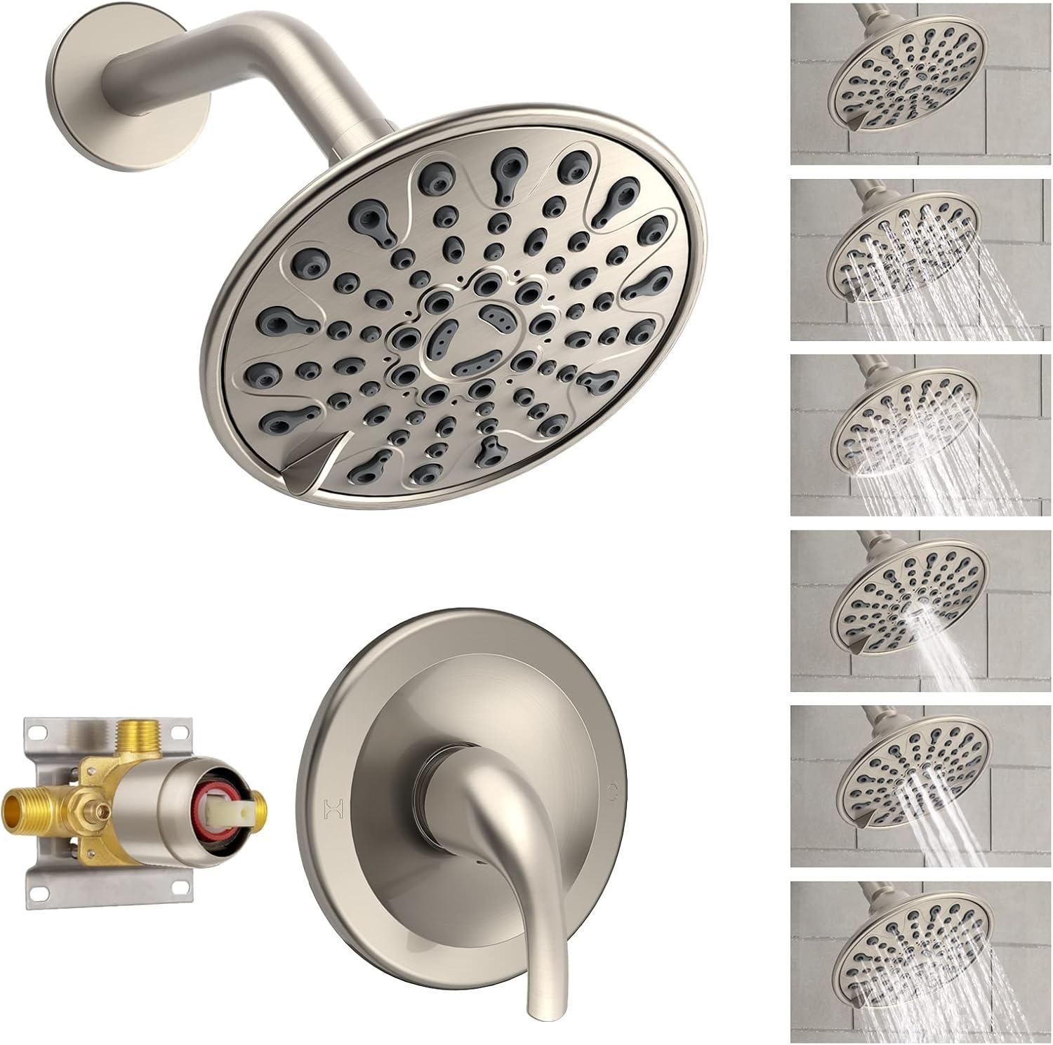 Brushed Nickel Shower Faucet Set, EMBATHER Shower Fixtures with 6 Inch Rainfall Shower Head, Single Handle Control Shower Valve and Trim Kit