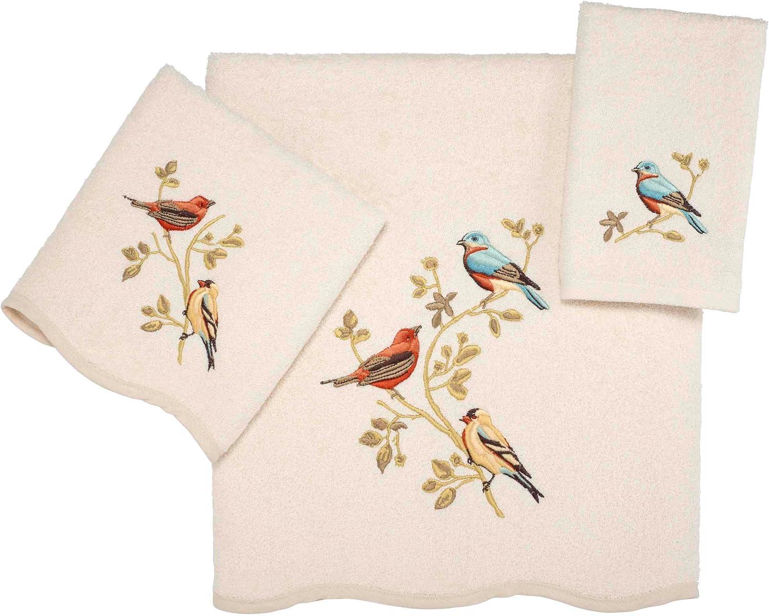 Ivory Cotton Hand Towel with Embroidered Songbirds