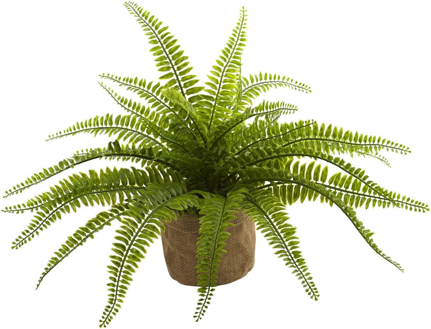 Nearly Natural 6814-S2 15in. Boston Fern with Burlap Planter (Set of 2) Silk Plants Green