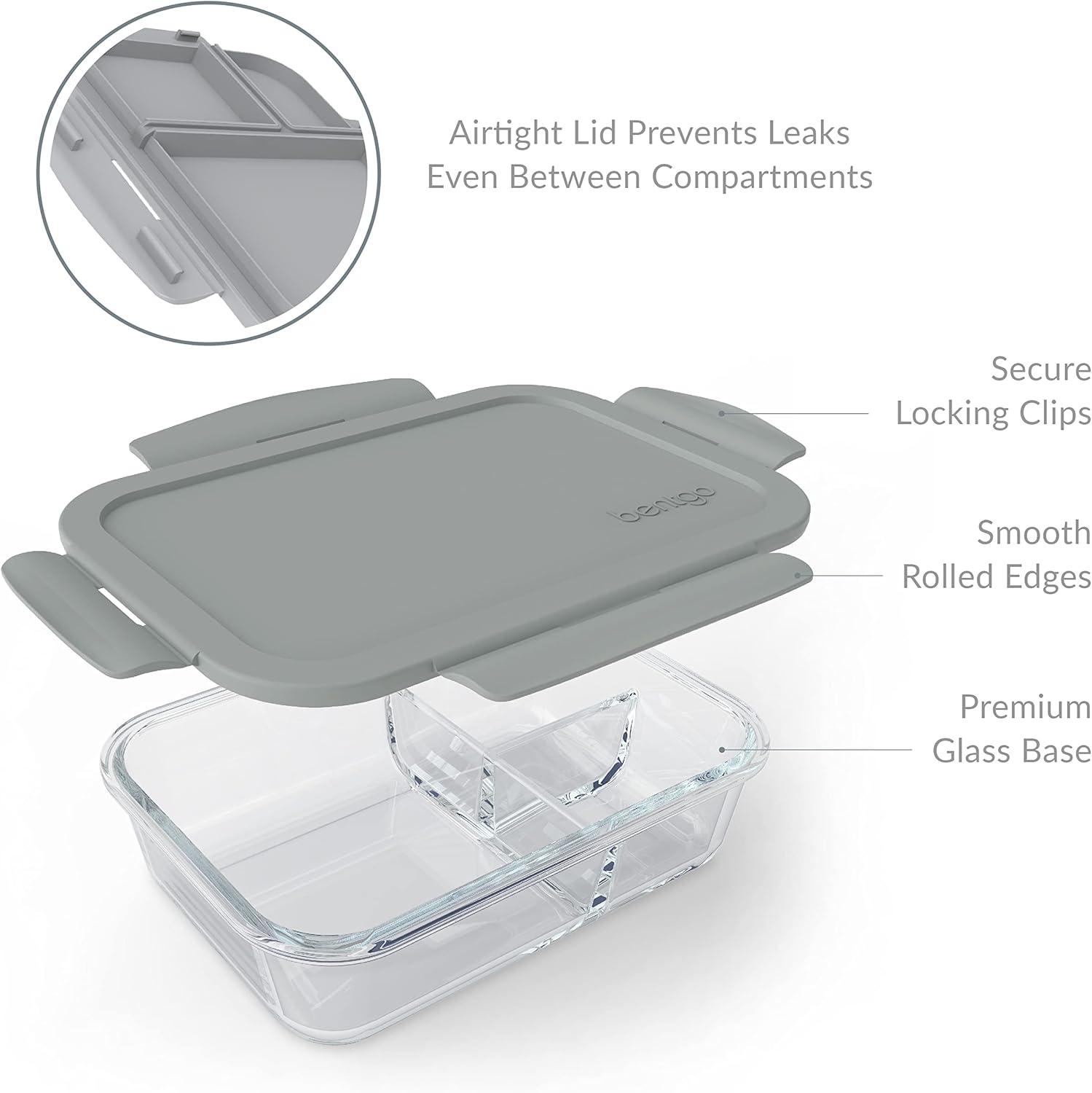 Bentgo 41oz Glass Leak-proof Lunch Box with Plastic Lid - Gray: BPA-Free Food Storage, Stain & Odor-Resistant, Dishwasher Safe