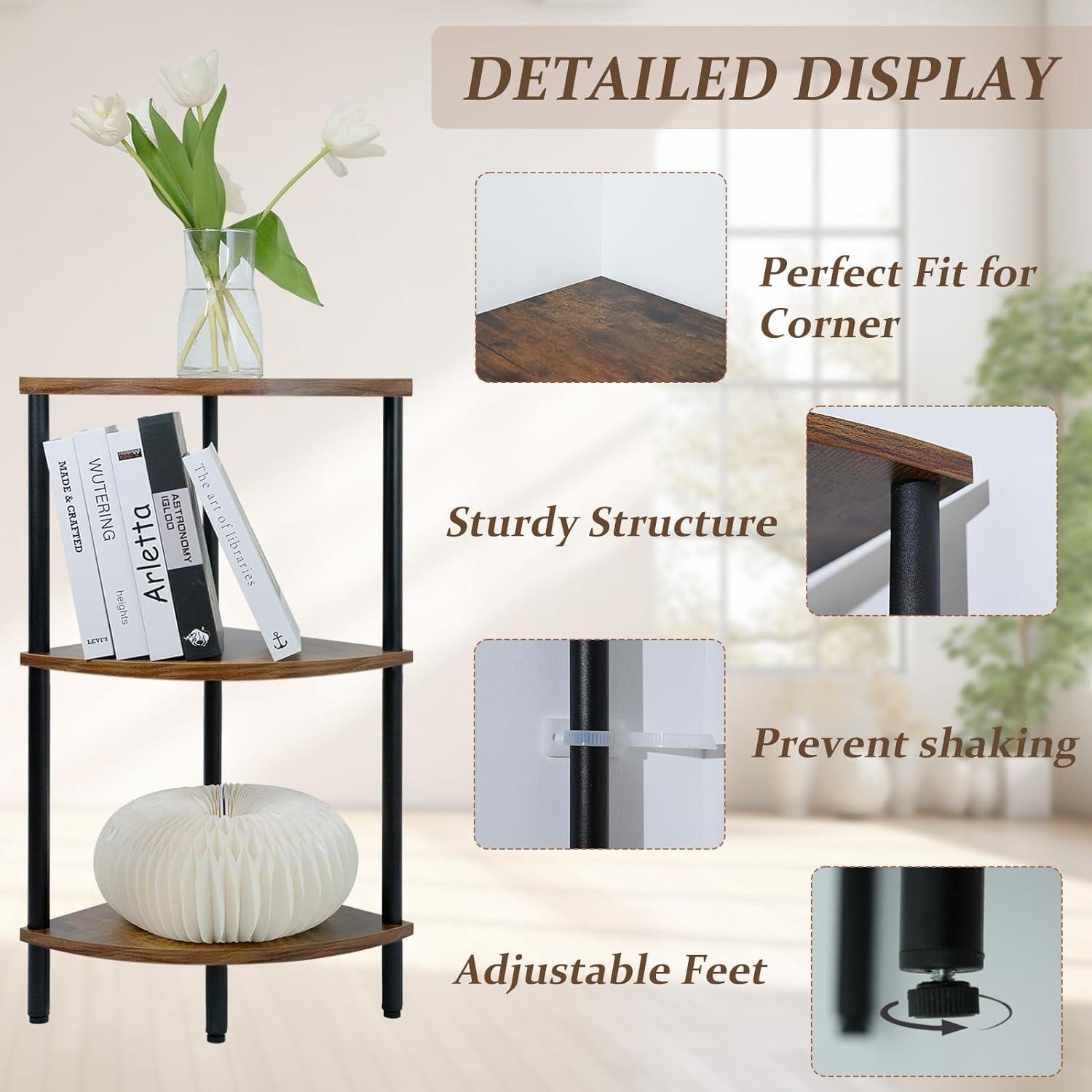 3 Tier Corner Shelf Stand, 28 Inch Rustic Industrial Corner Bookshelf, Storage Standing Shelf Unit, Plant Stand, Short Corner Table for Small Spaces in Living Room,Bedroom,Home Office