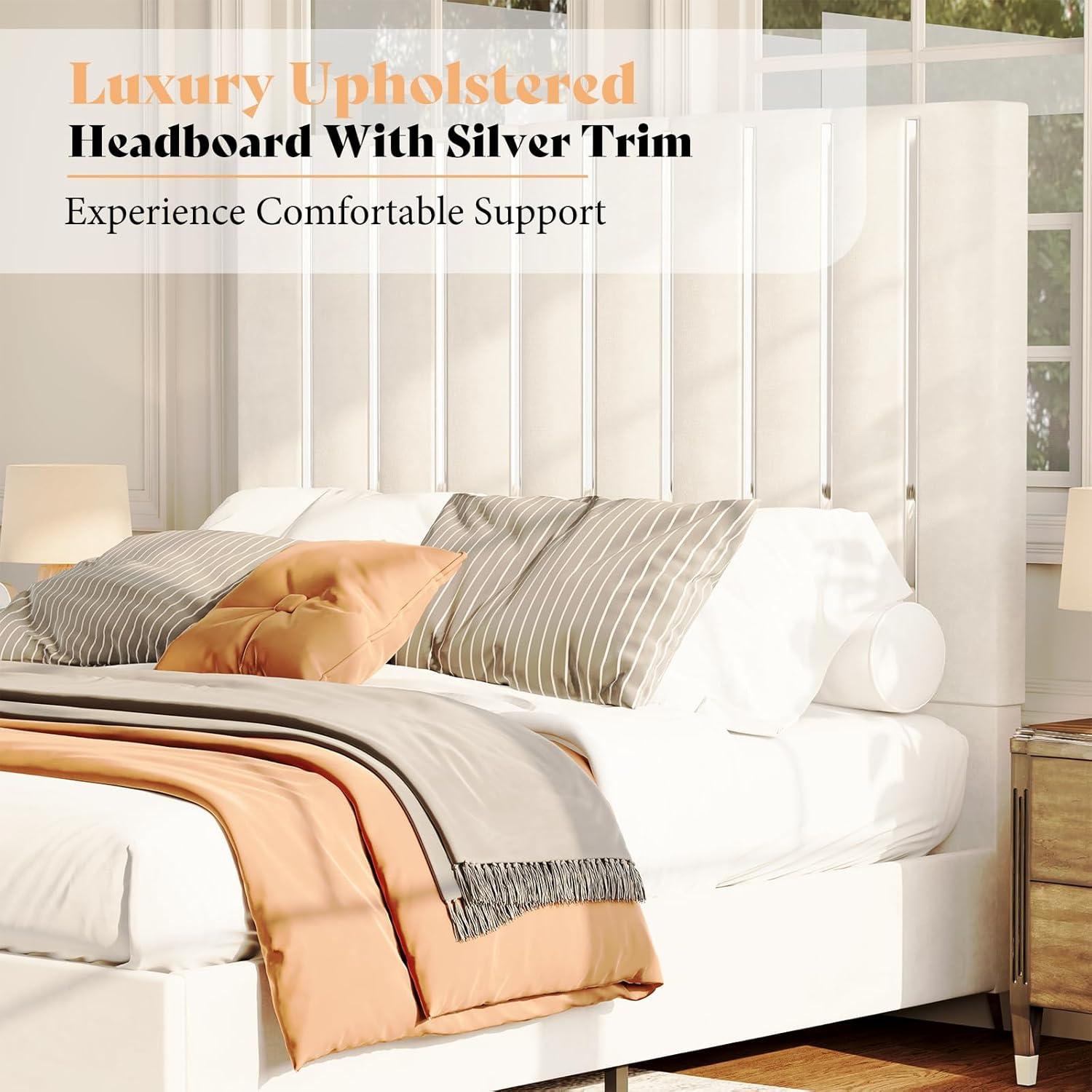 Merluxy King Size Bed Frame with 58" Tall Headboard, Velvet Upholstered Platform Bed with Channel Tufted Wingback Headboard and Plating Trim, Cream