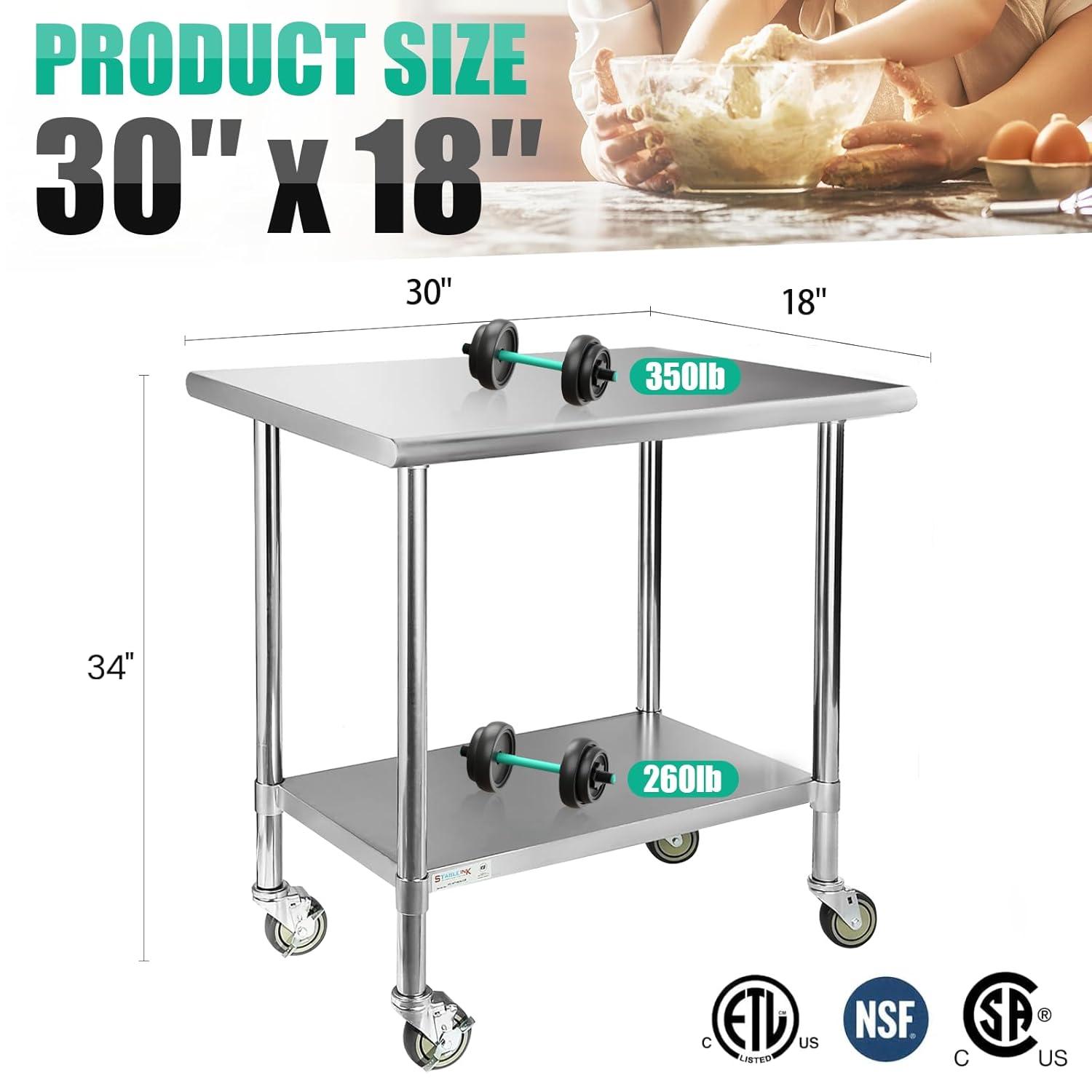 Heavy Duty Stainless Steel Work Table with Adjustable Undershelf and Wheels