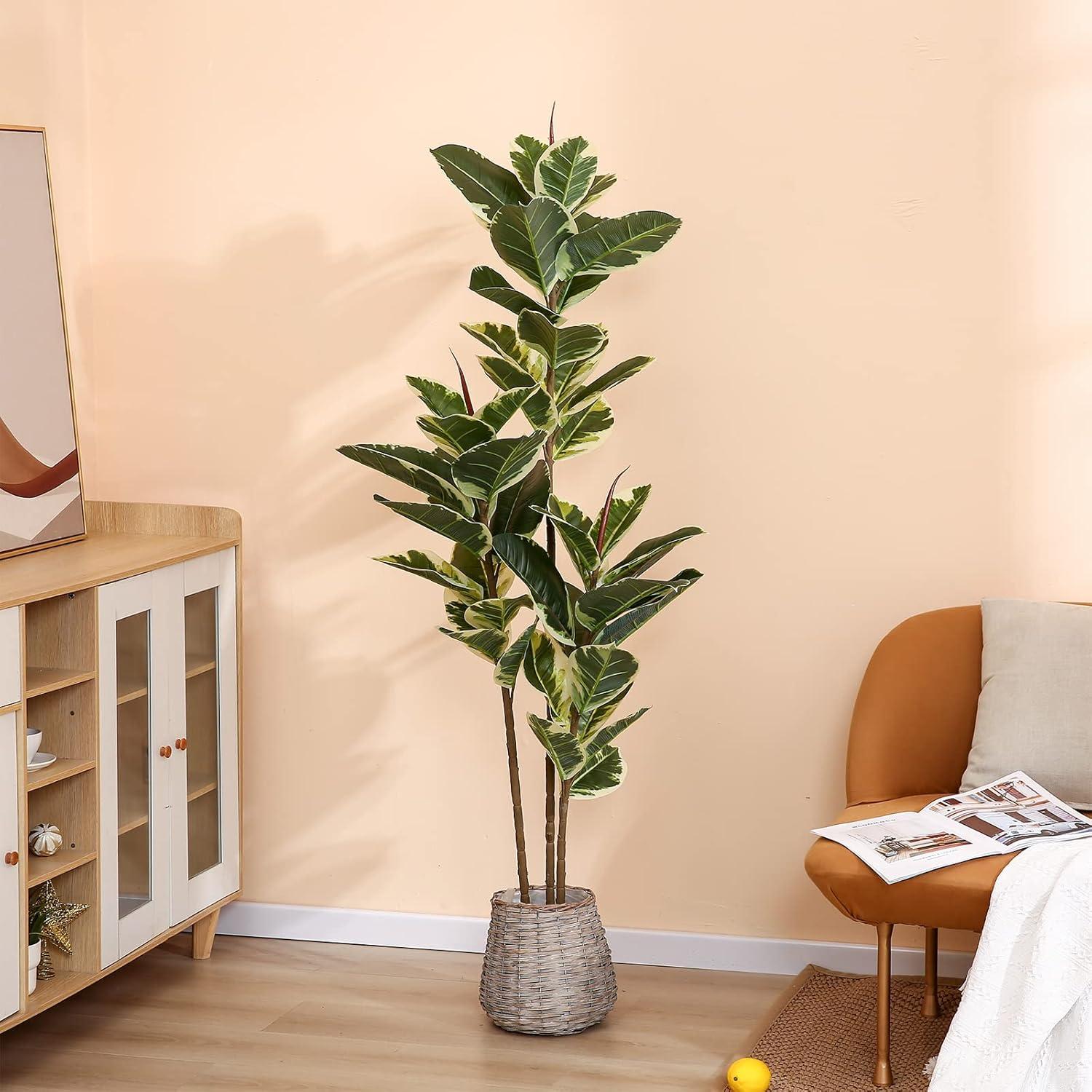Artificial Rubber Tree Plant 5ft Tall Faux Ficus Tree Potted Fake Tropical Plants Decorative House Plants Large Floor Artificial Trees for Home Office Store Room Decor