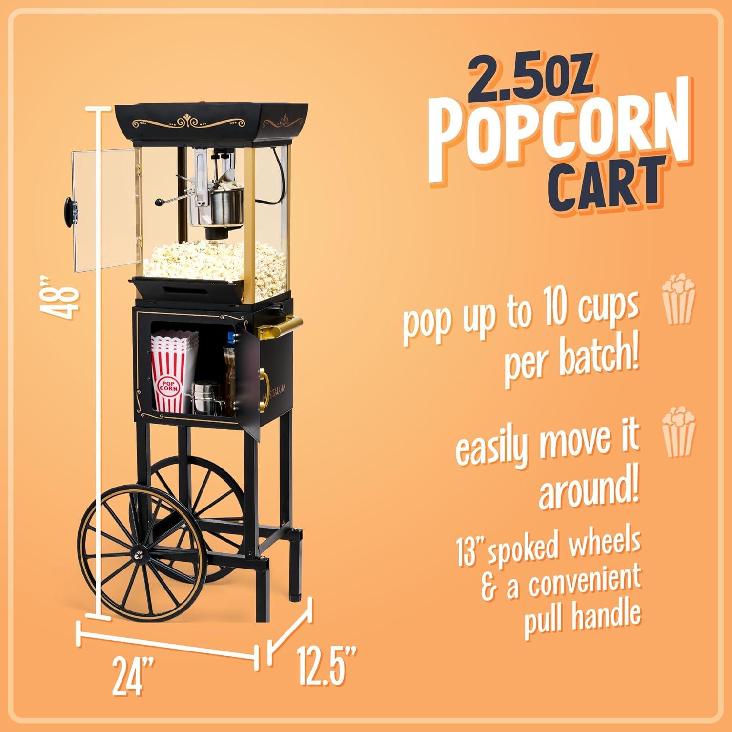 Nostalgia Appliances Popcorn Cart Vintage Movie Theatre Popcorn Machine, Black