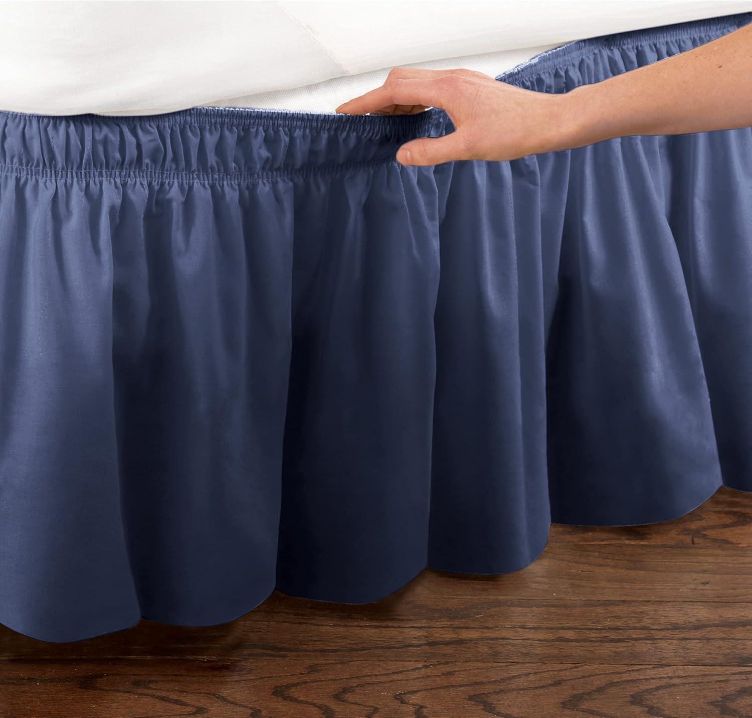 Collections Etc Wrap Around Bed Skirt, Easy Fit Elastic Dust Ruffle, Navy, Queen/King