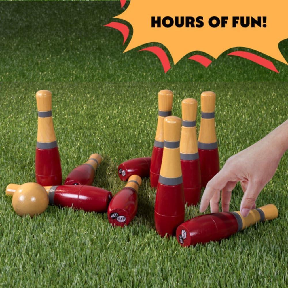 Lawn Bowling Game/Skittle Ball- Indoor and Outdoor Fun for Toddlers, Kids, Adults Â–10 Wooden Pins, 2 Balls, and Mesh Bag Set by Hey! Play! (8 Inch)