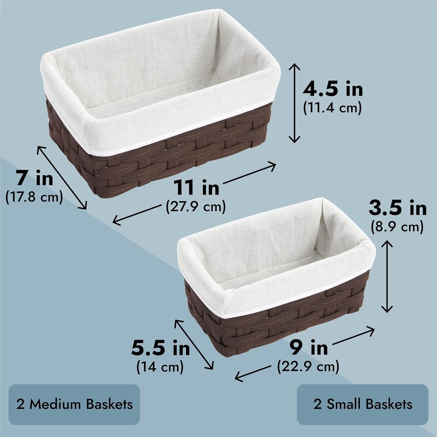 Rustic Brown Wicker Rectangular Storage Basket Set with Beige Liners