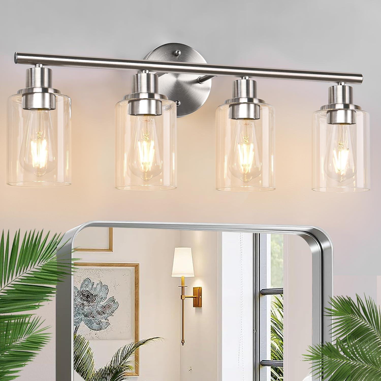 Brushed Nickel 4-Light Bathroom Vanity Fixture with Clear Glass Shades