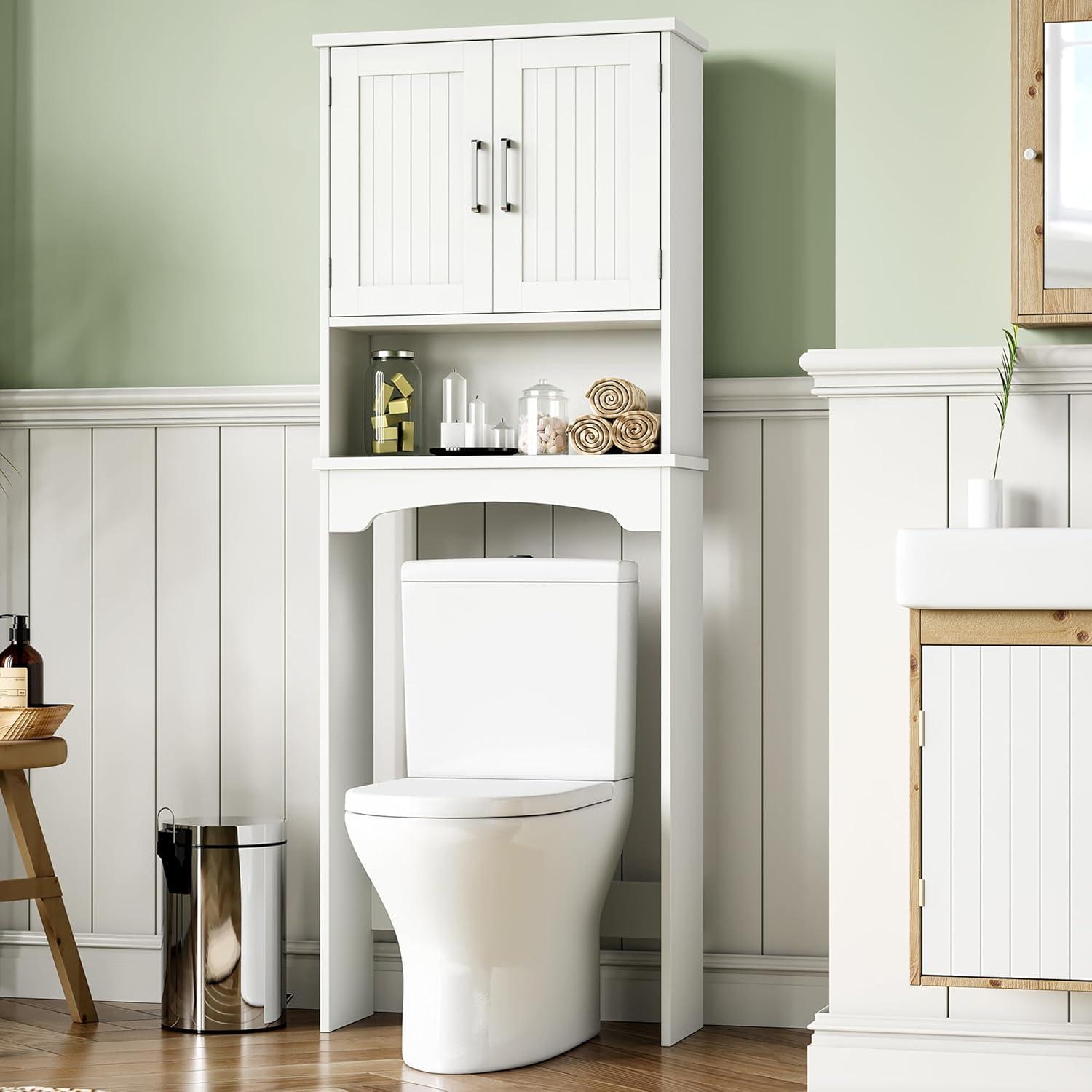 Over The Toilet Storage Cabinet with Double Doors and Anti-Tip Device