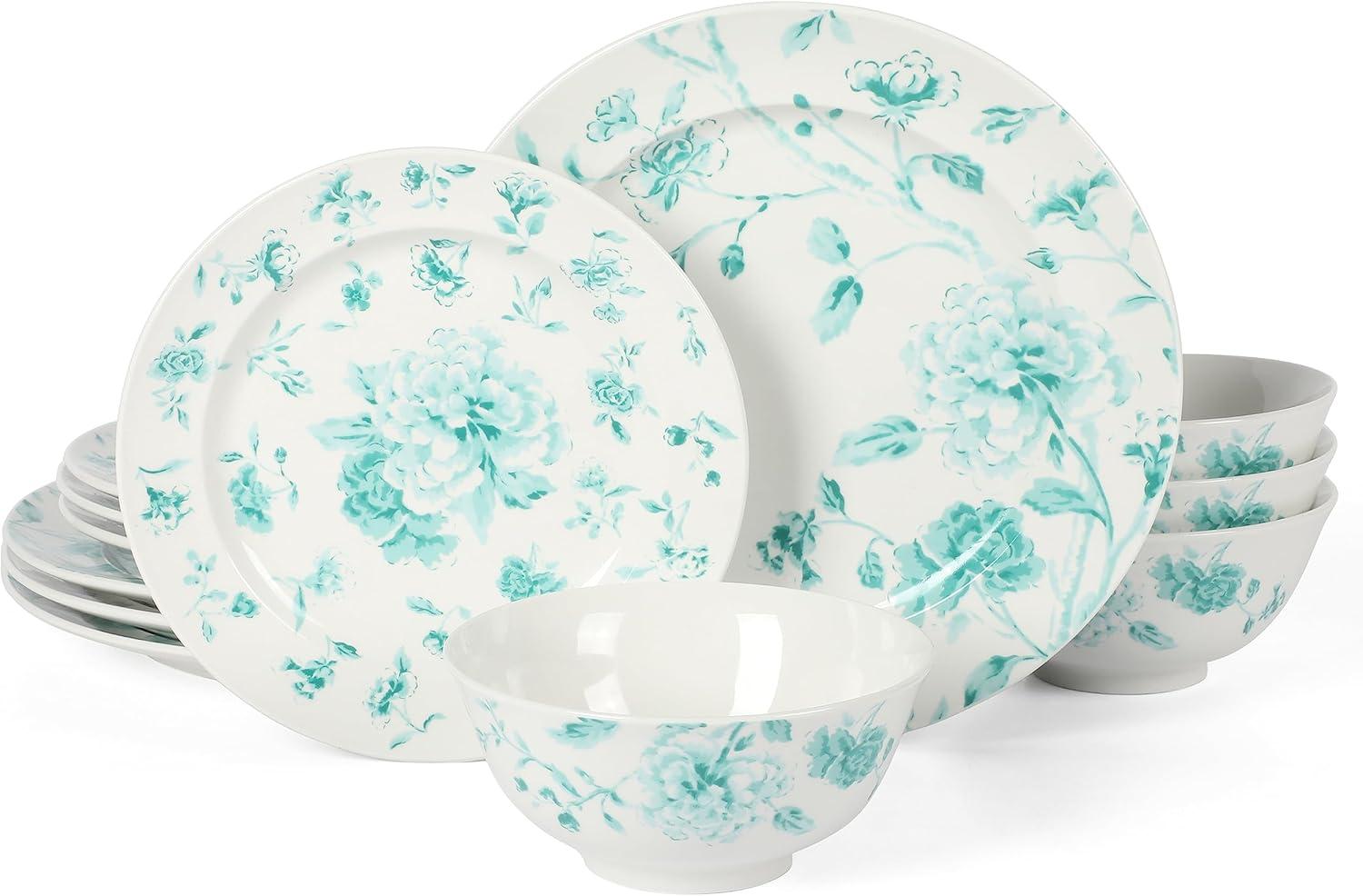 Teal Floral Porcelain 12-Piece Round Dinnerware Set