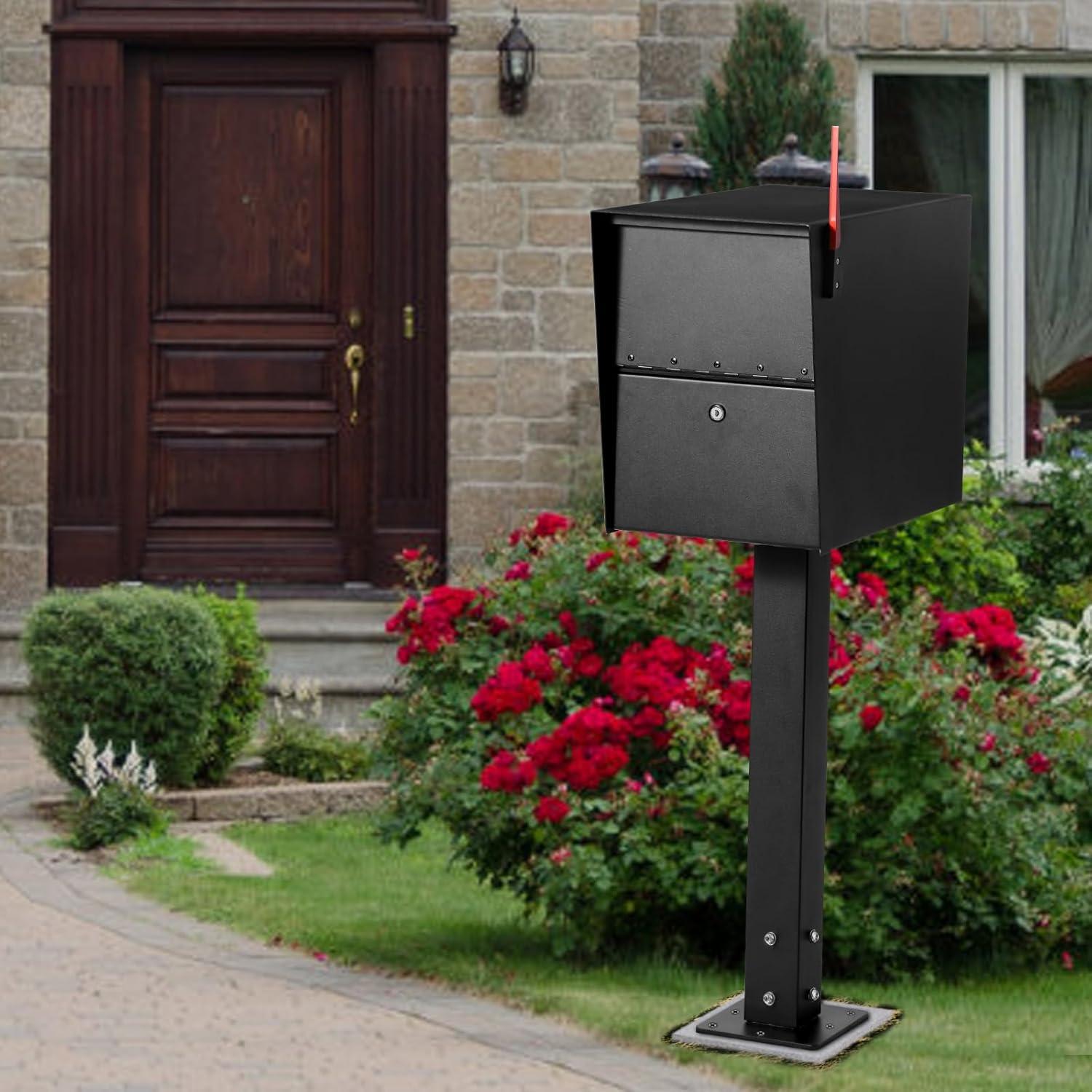 Mailbox Post with Post Base, 27" High Mounting Post, Heavy Duty Q235 Steel Mailbox Posts for Outside, Mailbox Post Kit for Sidewalk and Street Curbside, Black