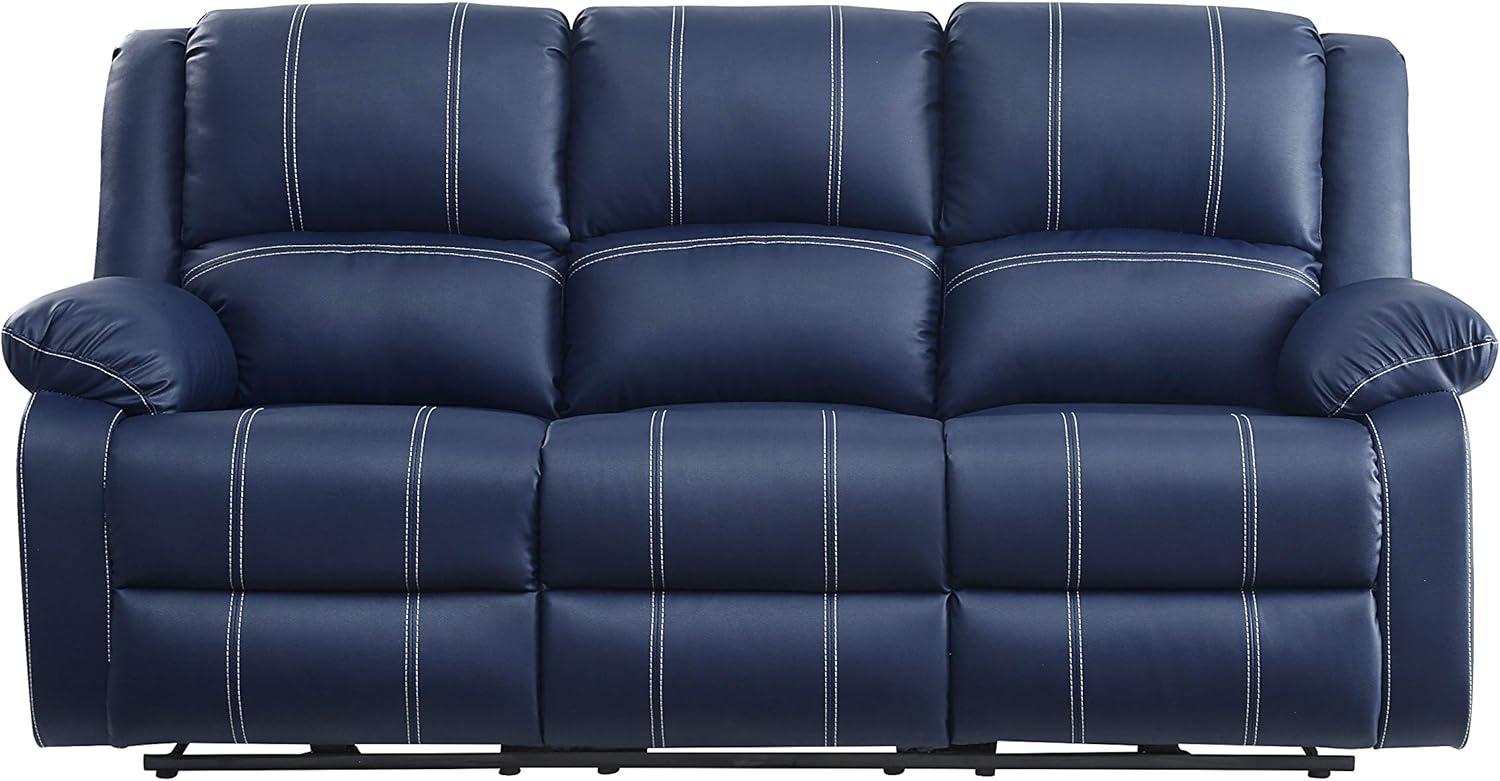 Blue Faux Leather Reclining Sofa with Pillow-Top Arms