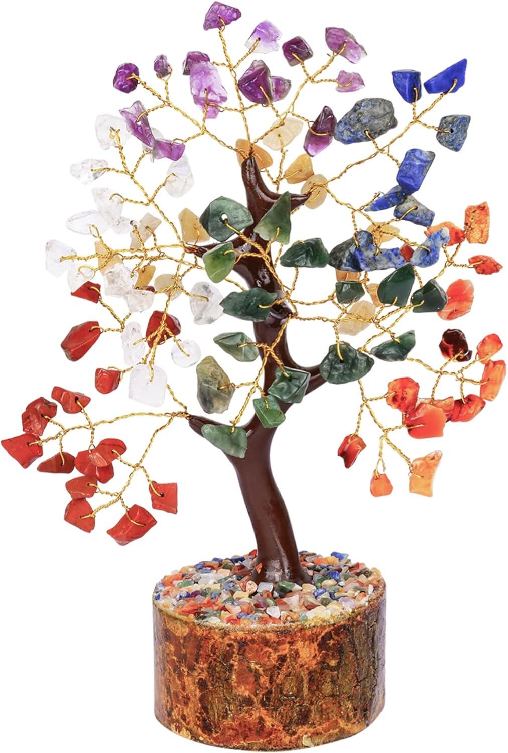 Multicolor Crystal Chakra Healing Tree with Wooden Base