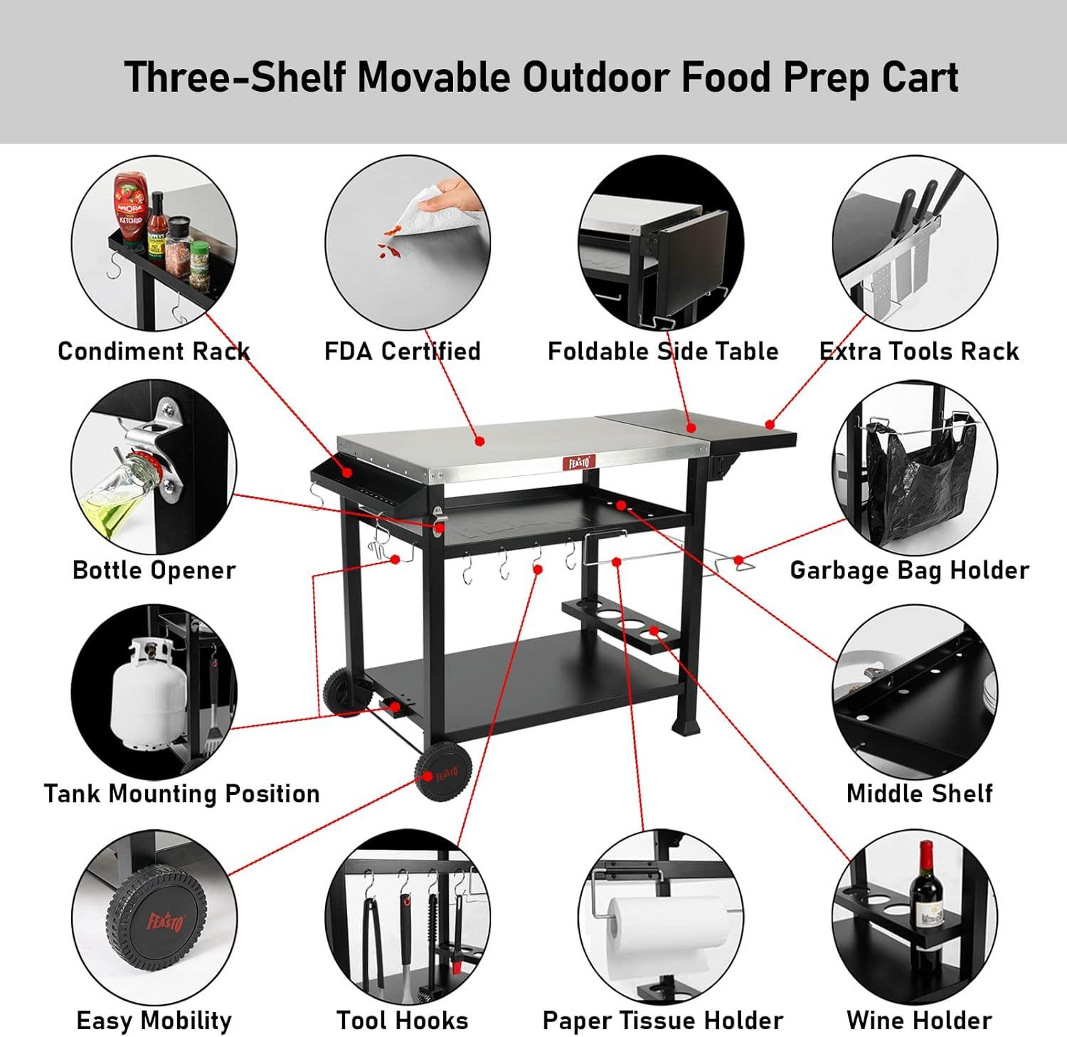 50 in. Three-Shelf Stainless Outdoor Movable Food Prep Grill Cart Table with Fordable Side Table