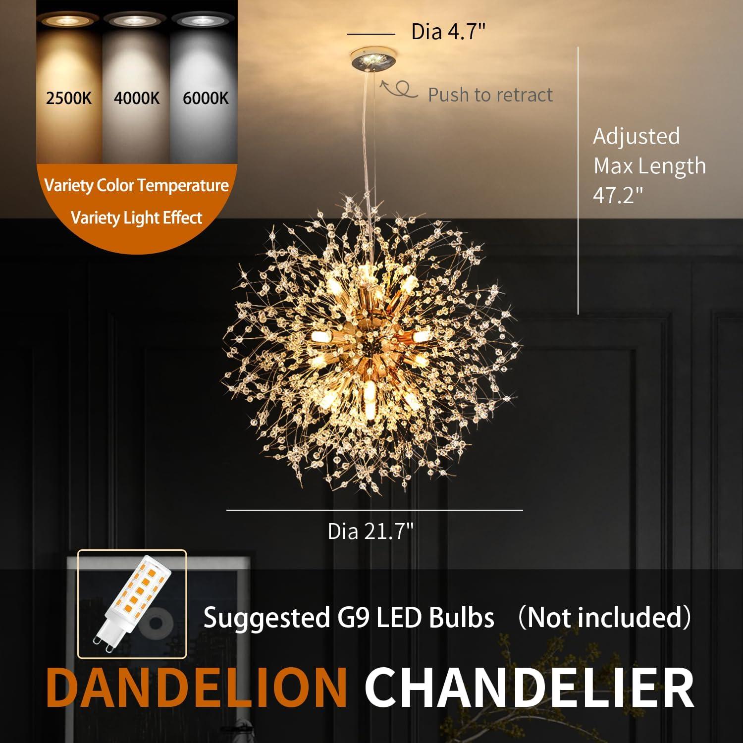 Mercer41 Modern Gold Crystal Chandelier With 12-Light Firework Design, Adjustable Dandelion Pendant Lighting For Dining Room, Living Room, Bedroom, Kitchen, And Hallway