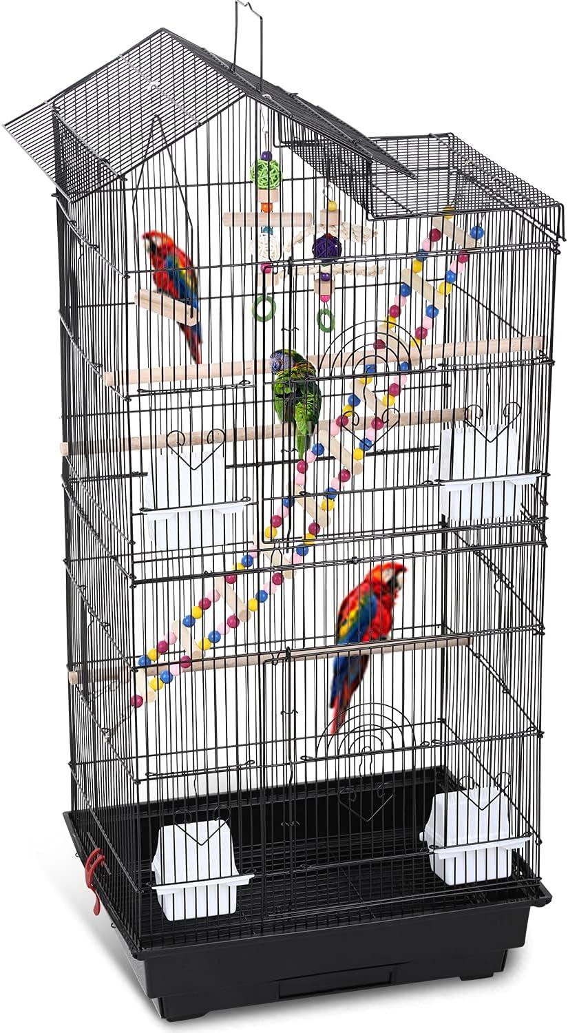 39 Inch Black Iron Bird Cage with Play Top and Toys