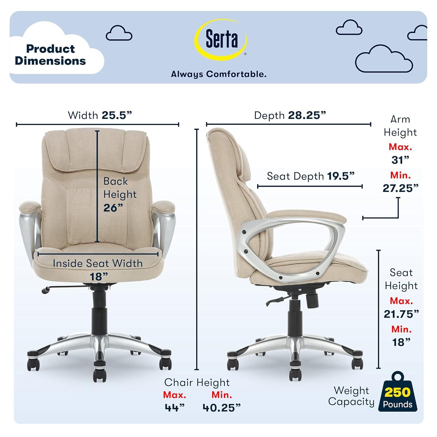 Serta Serta Hannah Executive Office Chair, Ergonomic Lumbar Support, Firm Seat Cushion, Deep Body Pillows