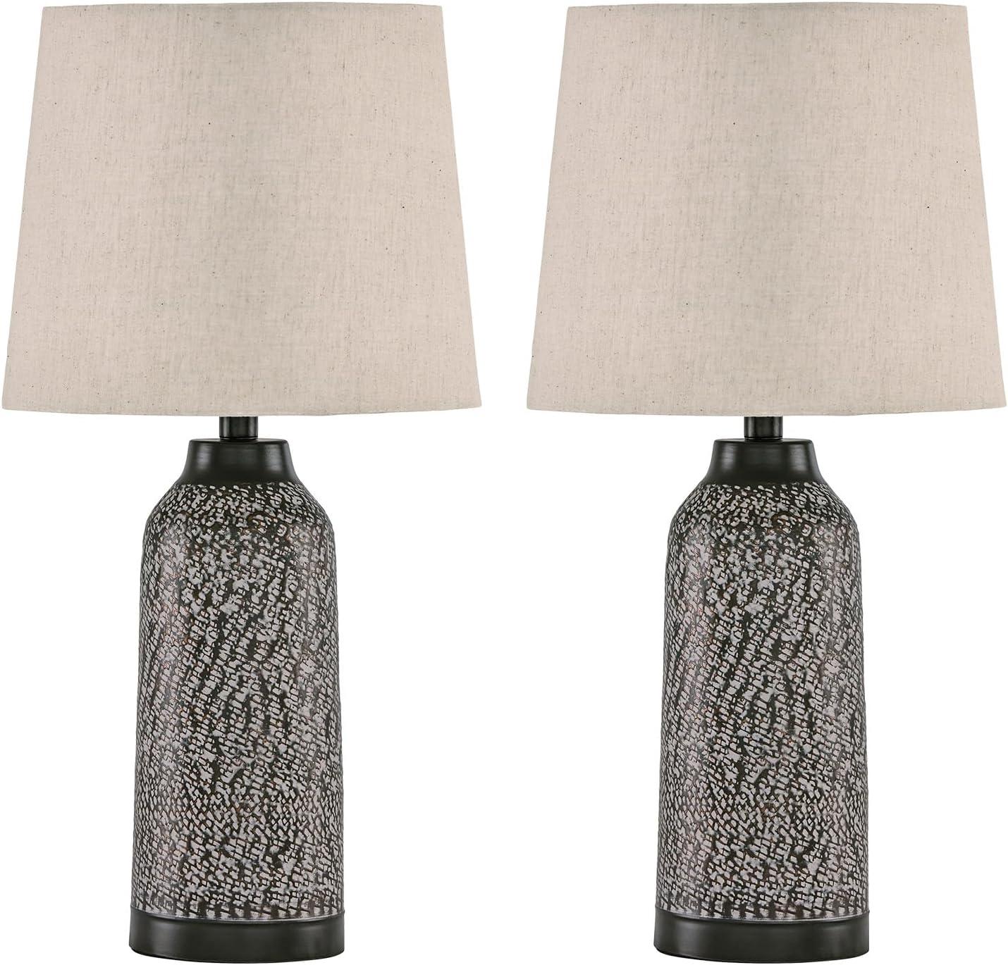 Signature Design by Ashley Lanson Table Lamps: Hammered Metal, Bronze Finish, Beige Shade, Set of 2