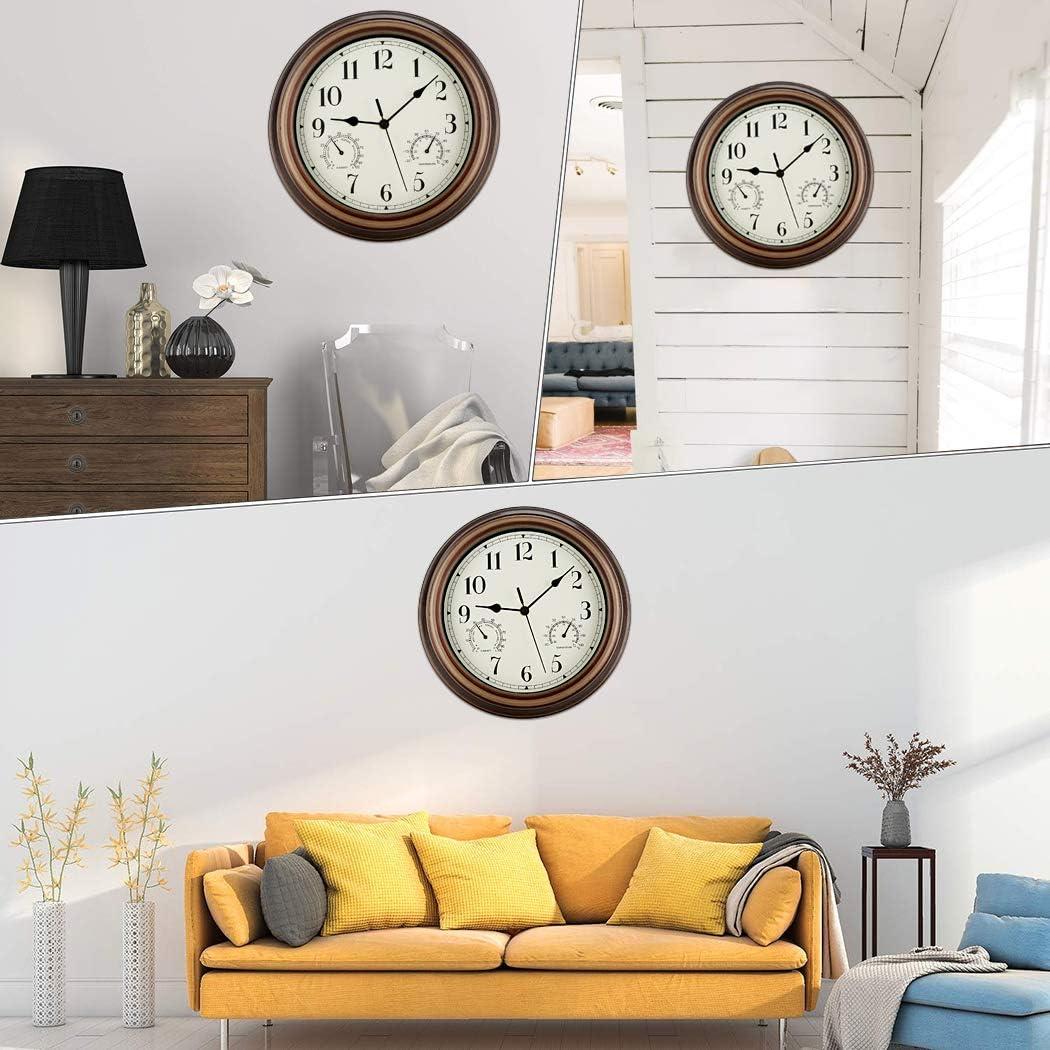 12 Inch Brown Indoor Outdoor Wall Clock with Thermometer and Hygrometer