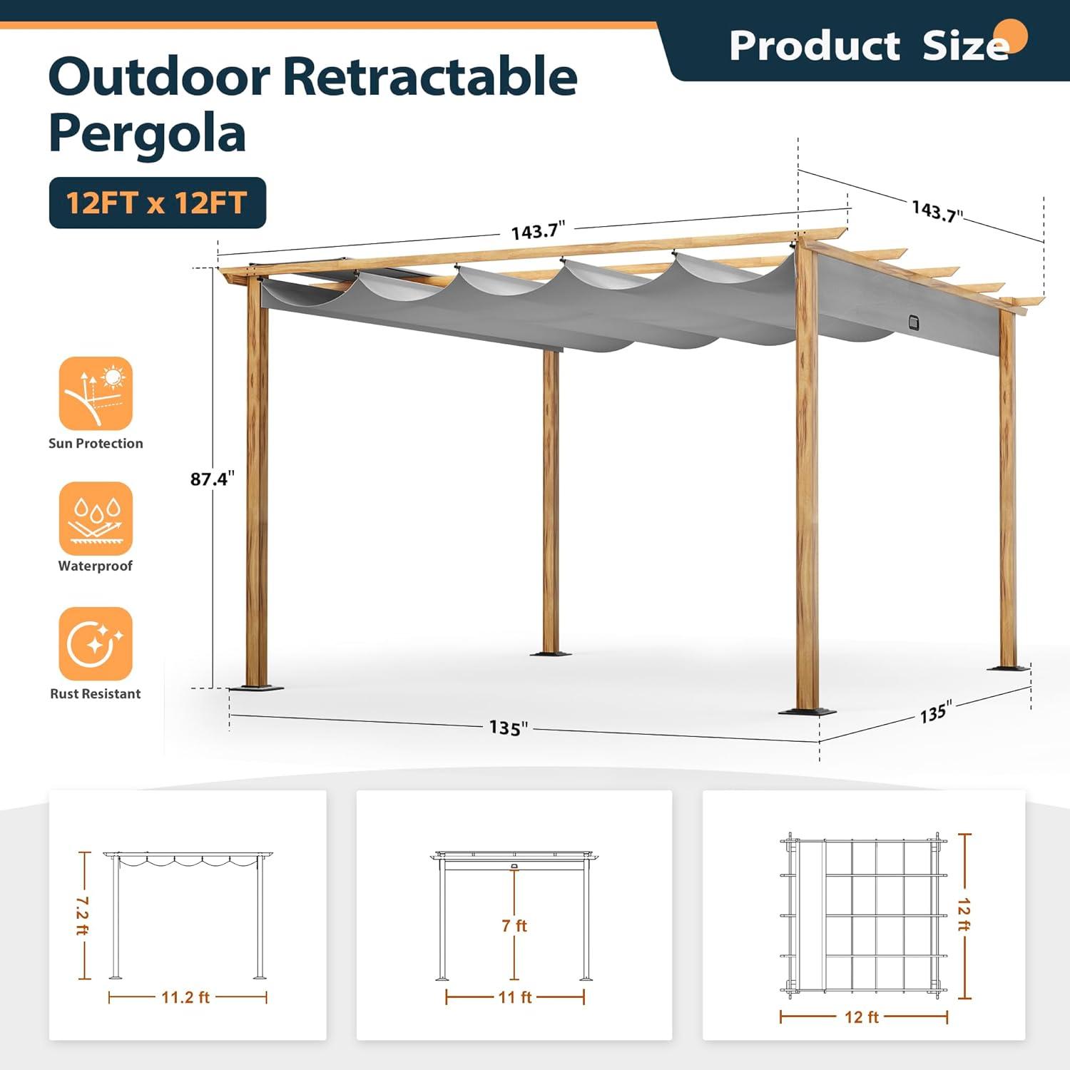 12' x 12' Woodgrain Aluminum Pergola with Gray Canopy