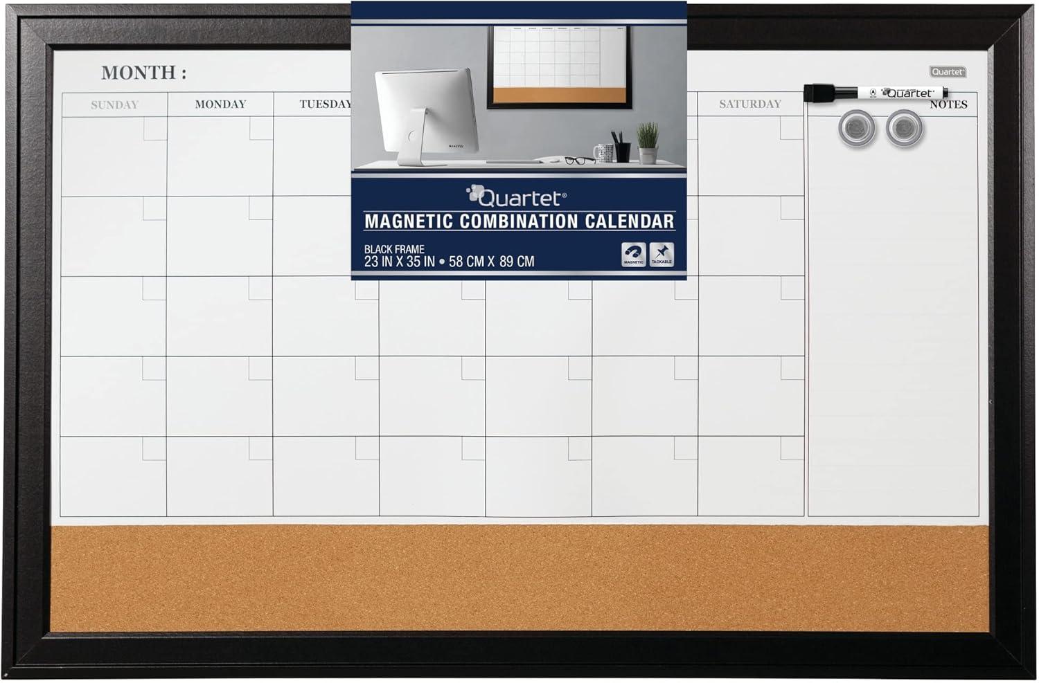 Ebony Frame Magnetic Whiteboard Calendar and Corkboard Combo