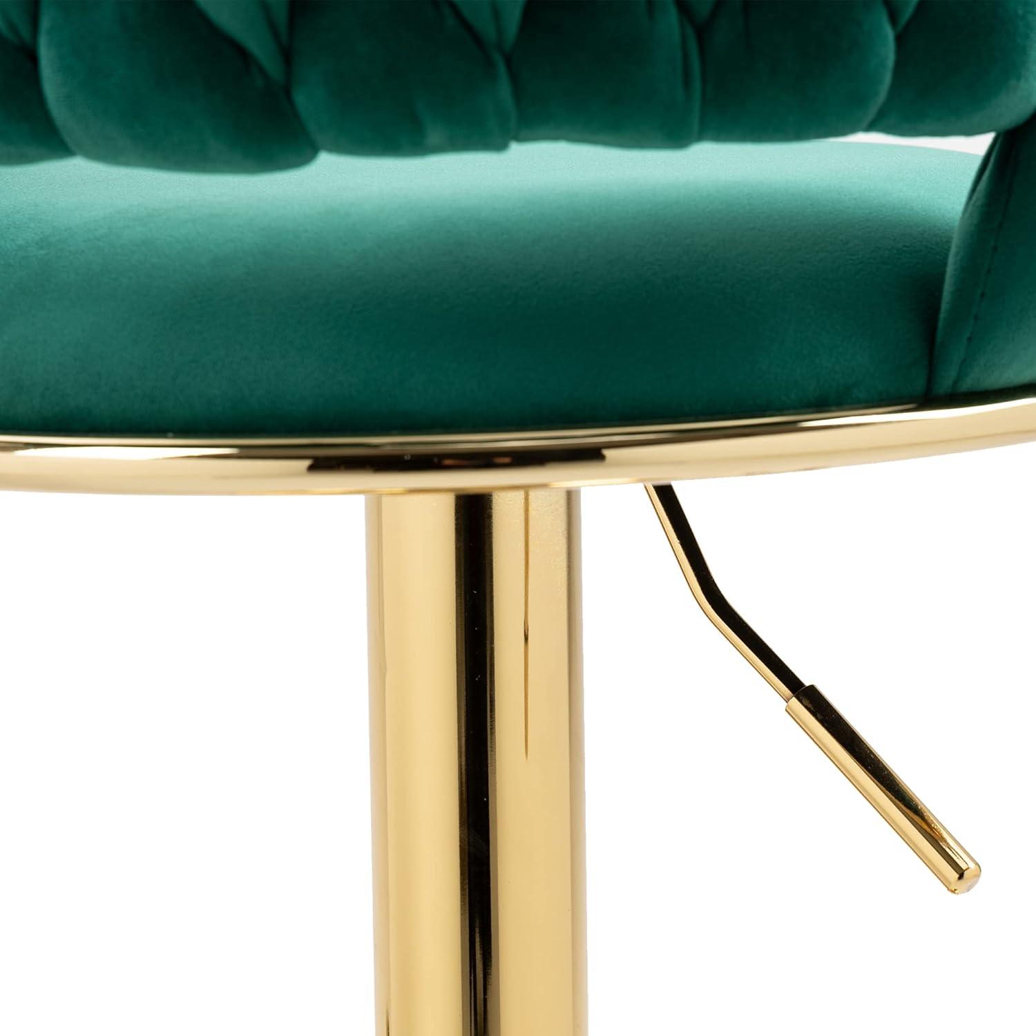 Emerald Green Velvet Adjustable Swivel Bar Stools with Gold Base, Set of 2